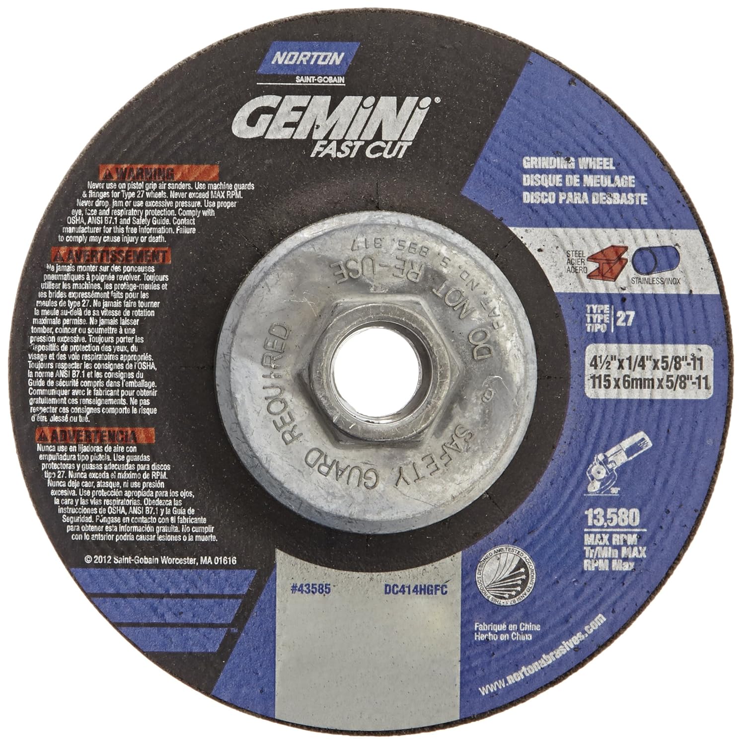 Norton Abrasives – St. Gobain 43585 Gemini – Rueda abrasiva de óxido de aluminio de corte rápido tipo 27, rueda central deprimida, máx. 13,580 RPM,