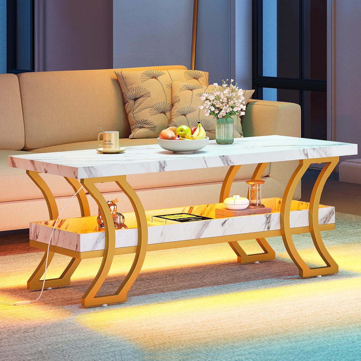 YITAHOME Mesa de centro modernas para sala de estar, mesa de centro de mármol blanco, mesa de centro LED con almacenamiento, mesa central de madera