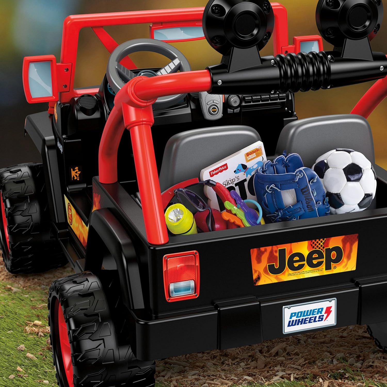 Power Wheels – Juguete montable Jeep Wrangler Tough Talking con sonidos y micrófono, juguete preescolar, tracción multiterreno, 2 asientos, negro y