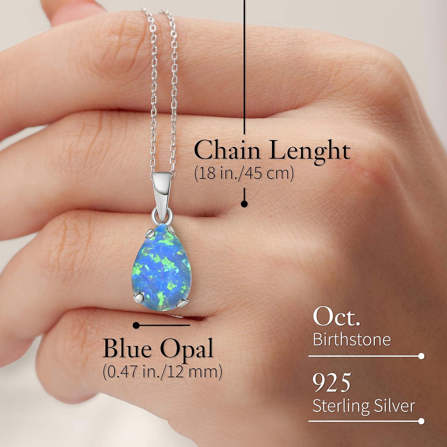 925 Sterling Silver Blue Opal Necklace – Dainty Teardrop Pendant, 7x10mm October Birthstone Opal Gemstone – Handmade Bridal Wedding Jewelry for