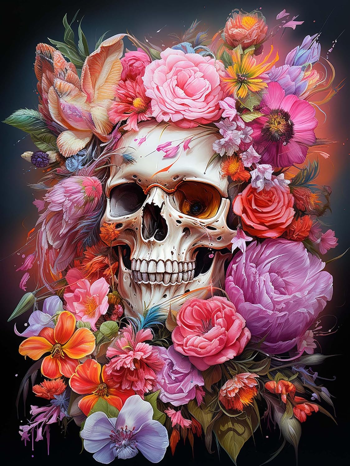 Cuneai Kit de pintura de diamante 5D para bricolaje, esqueleto, pintura redonda por números, manualidades de flores, bordado de cristal para