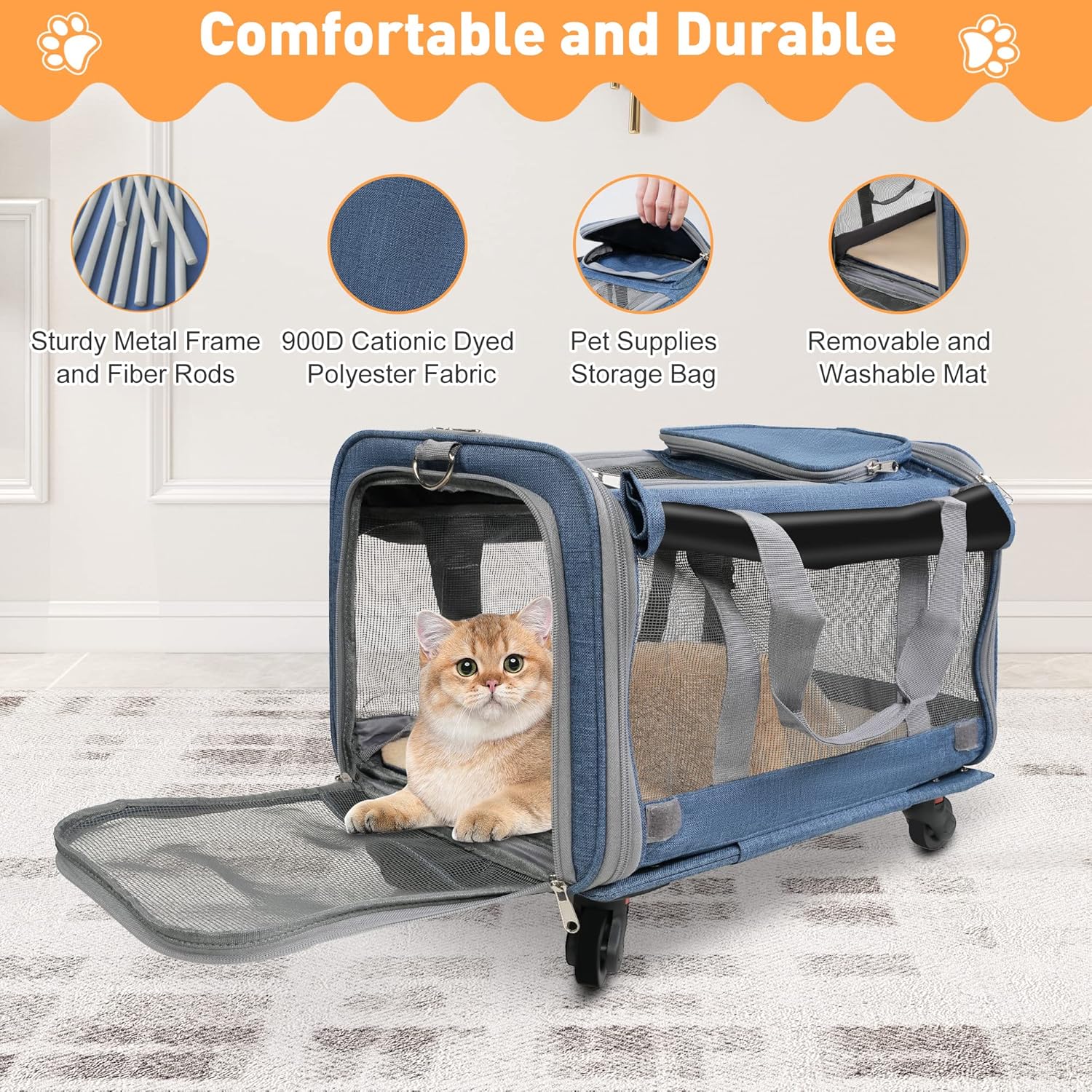 LUCKYERMORE Transportador plegable para mascotas con ruedas para gatos pequeños perros cachorros de hasta 27.5 libras, bolsa portátil para gatos