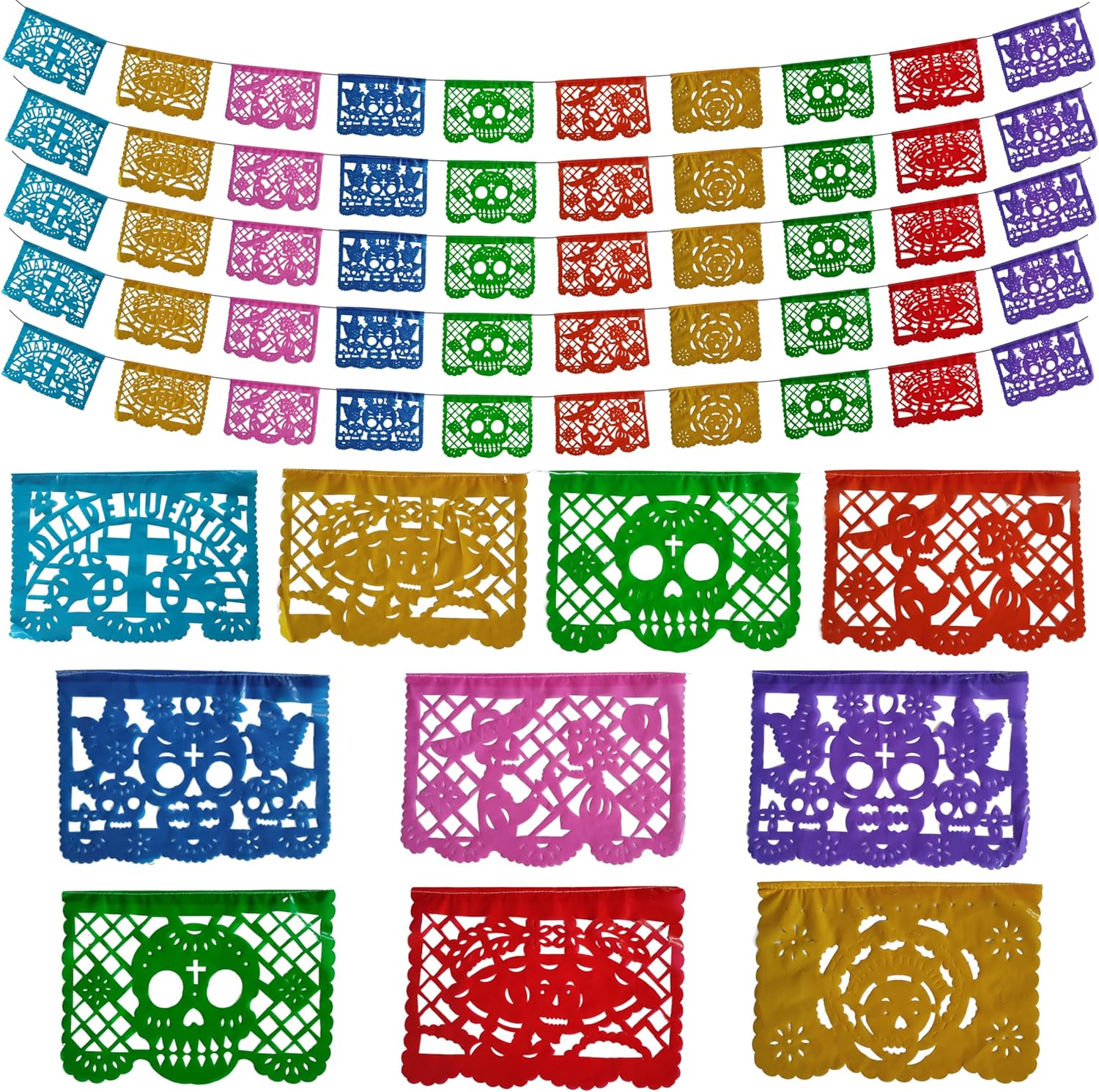 Juego de 5 pancartas mexicanas de plástico multicolor de 13 pies de largo, papel picado Día de los Muertos, 5 tiras de papel picado decoración