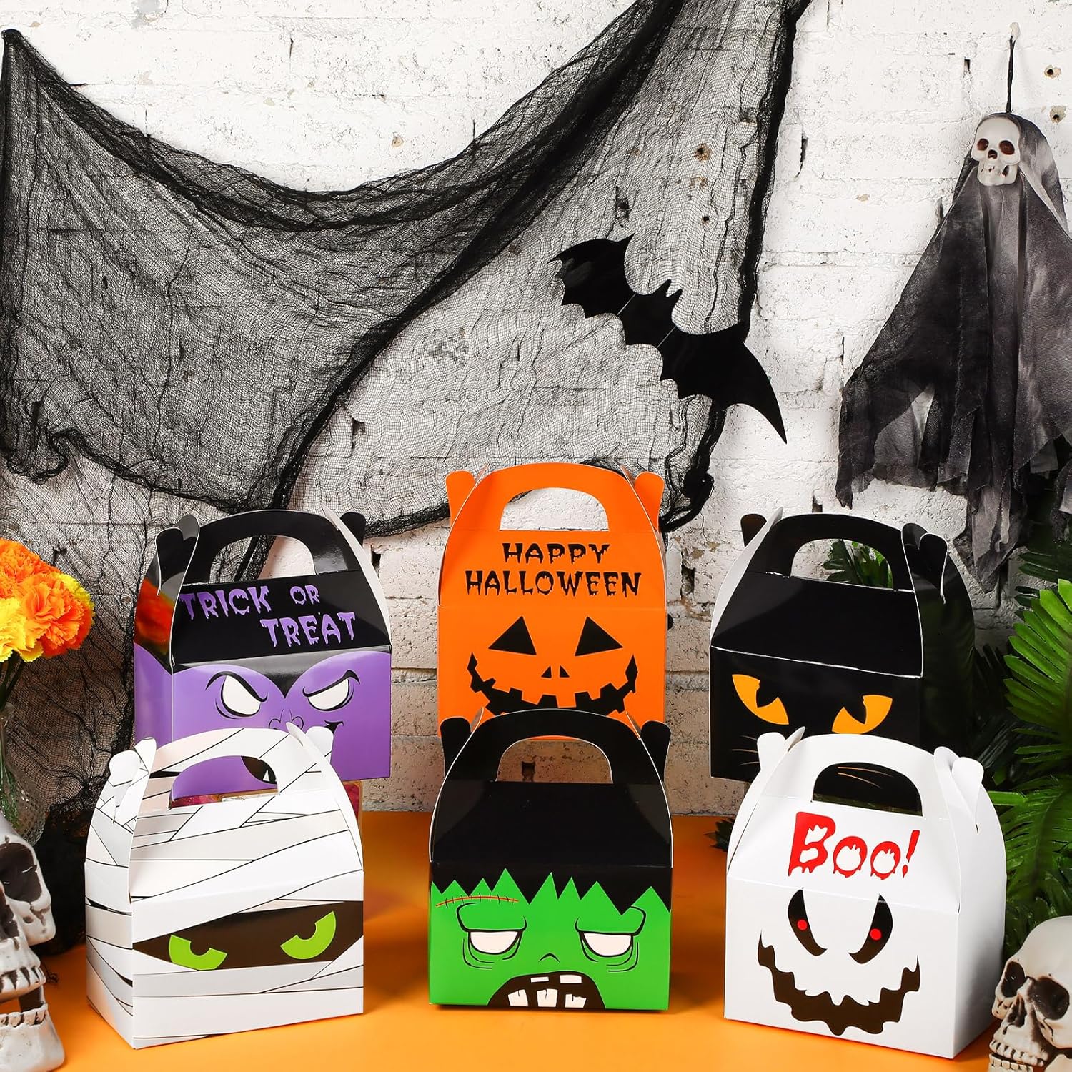 Zhanmai 30 cajas de regalo de Halloween, cajas de cartón de regalo para casa de Halloween, cajas de regalos para fiesta de Halloween, cajas con asa