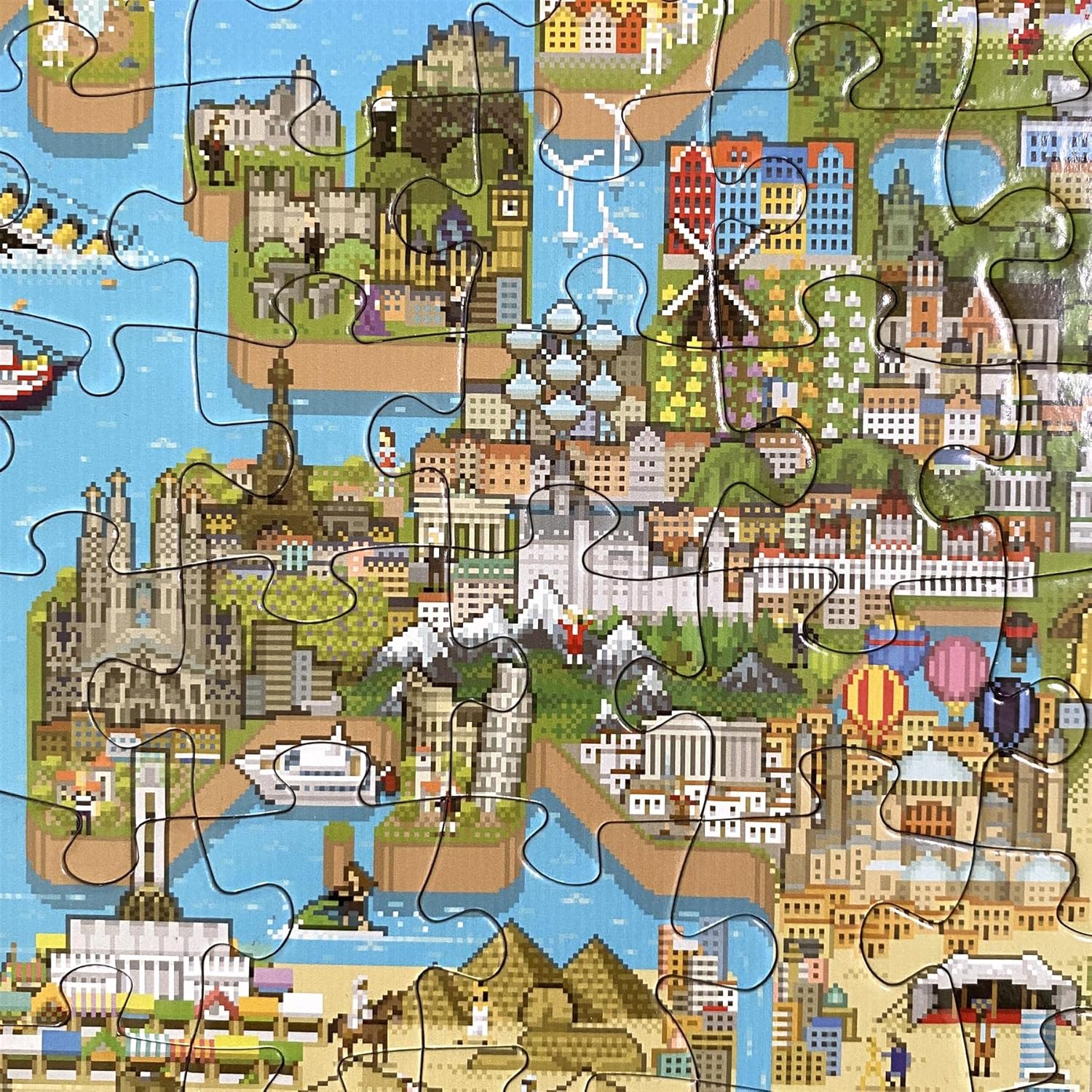 Rompecabezas para niños de 4 a 8 años, rompecabezas de mapa del mundo de 180 piezas, estilo retro de 8 bits, rompecabezas para niños con 50 personas