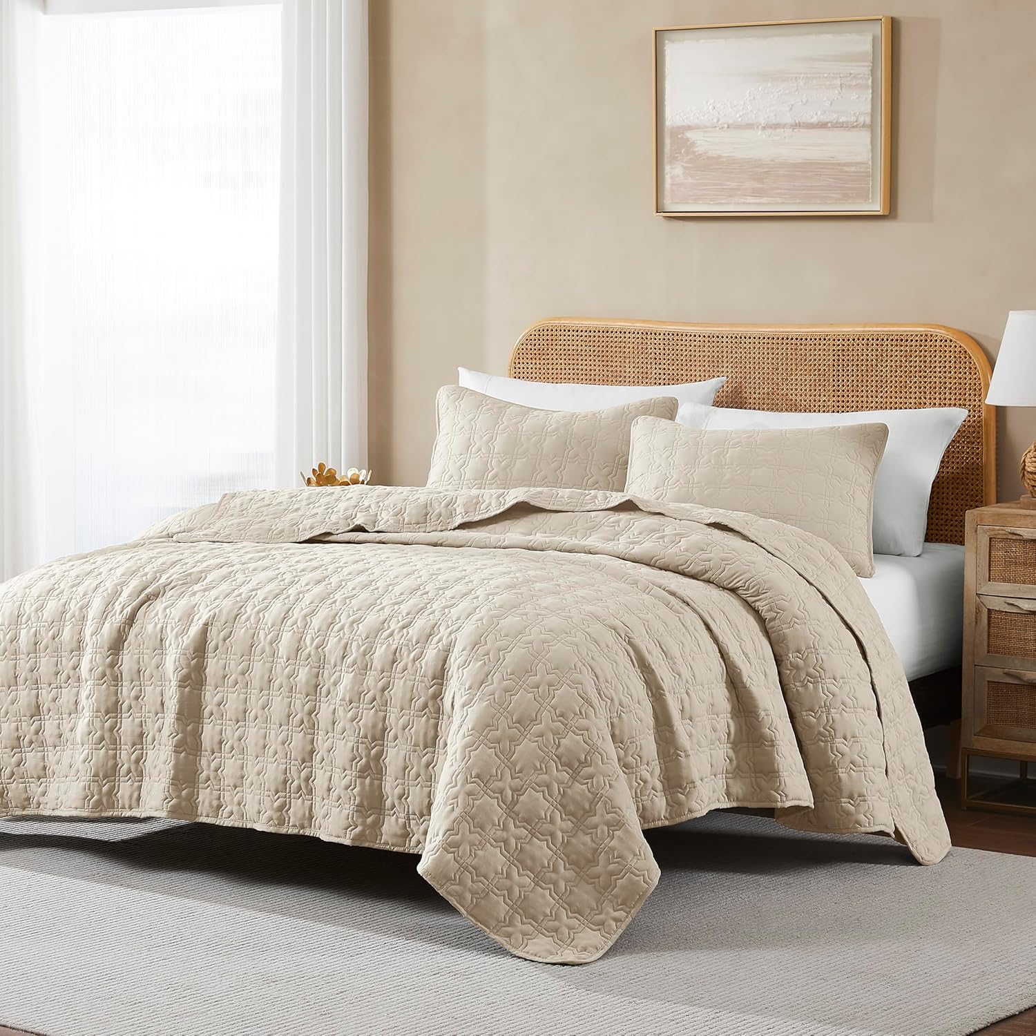 B2EVER Juego de ropa de cama de tamaño individual beige con funda de almohada, colcha ultra suave, manta acolchada ligera color gris pardo, funda de
