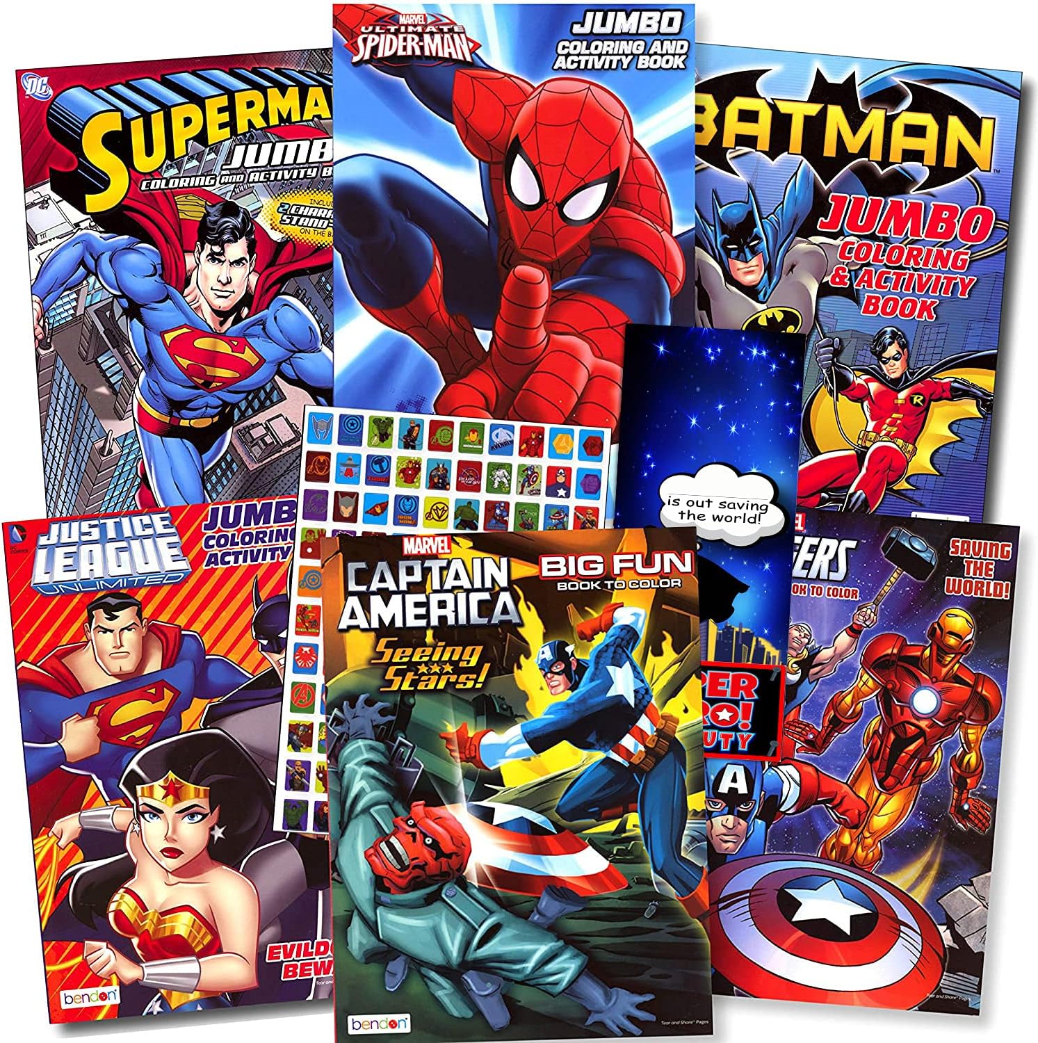 Superheroes Giant Coloring & Activity Book Bundle con 6 libros surtidos con pin de superhéroe, pulsera y más  Avengers, Spiderman, Superman, Batman,
