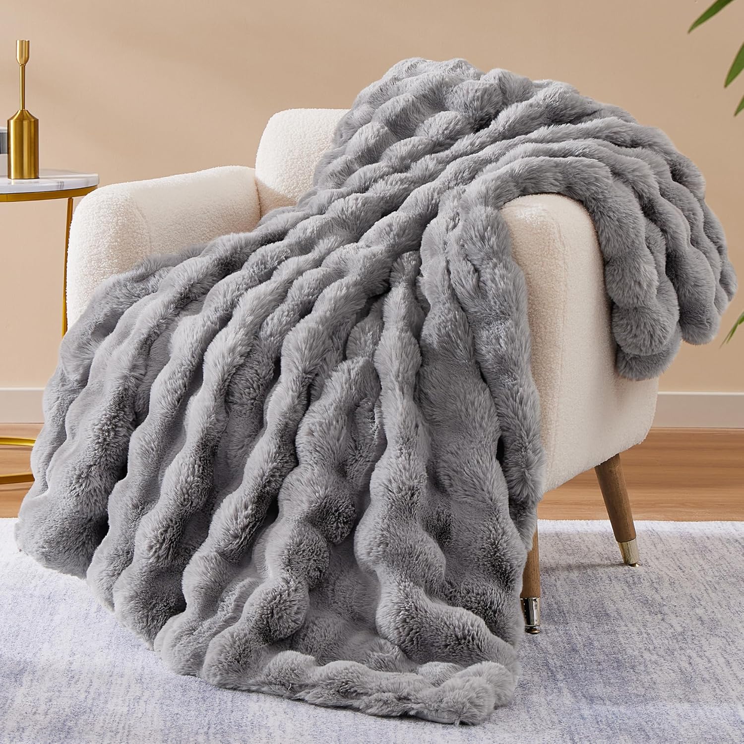 CozyBloom Manta de piel sintética suave de lujo para sofá, manta decorativa y acogedora de felpa larga y esponjosa, manta peluda de forro polar gris