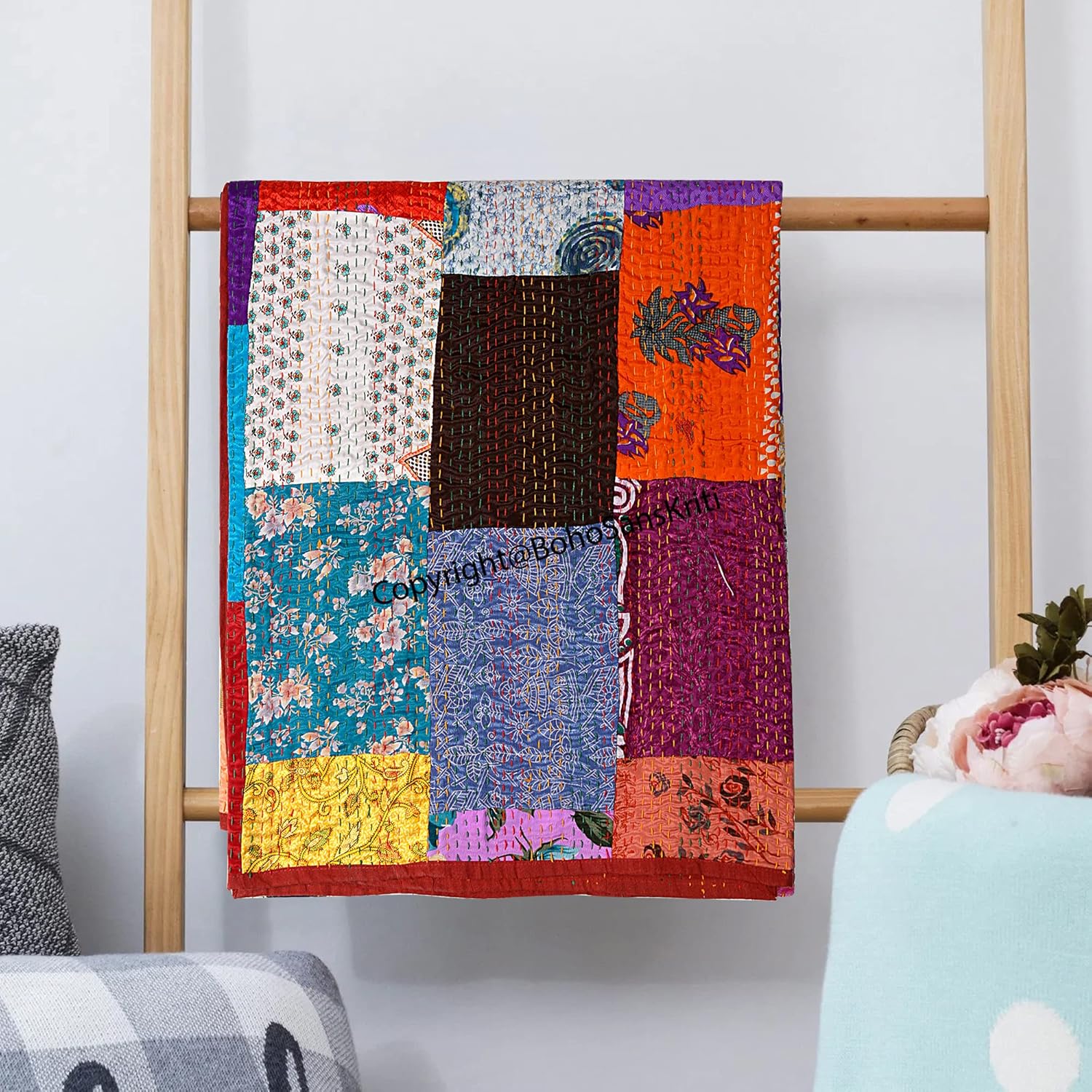 Colcha de seda india Kantha de retazos de seda tamaño Queen Twin Patola Colcha