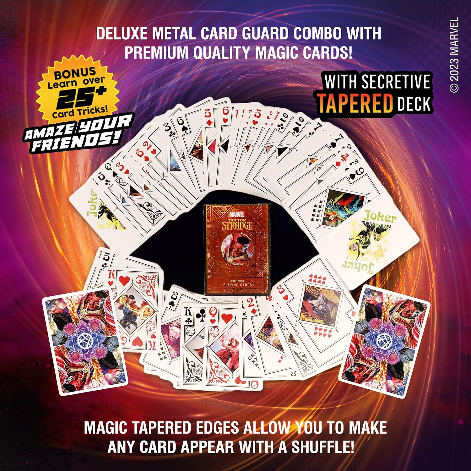 Fantasma Presenta el mazo mágico de cartas coleccionables de Doctor Strange de Marvel, con funda protectora de metal para cartas mágicas.