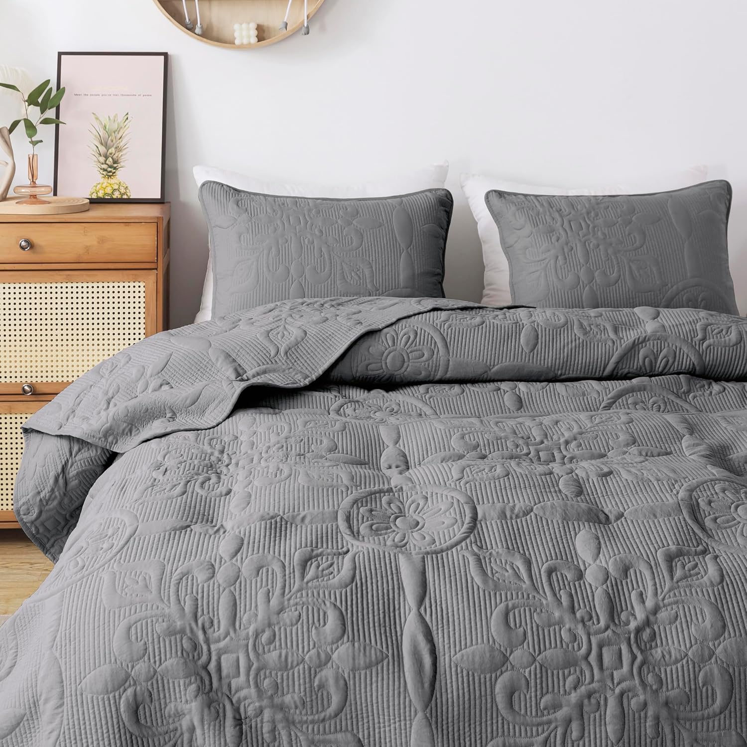 Juego de ropa de cama de damasco tamaño Queen con fundas de almohada, colcha bohemia ligera y suave, manta acolchada gris, funda de edredón fina