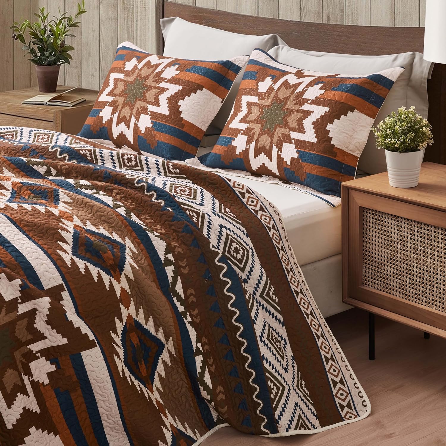 Southwestern – Juego de edredón tribal occidental, rústico, azteca, nativo americano, navajo, juego de ropa de cama de 3 piezas, color beige, gris