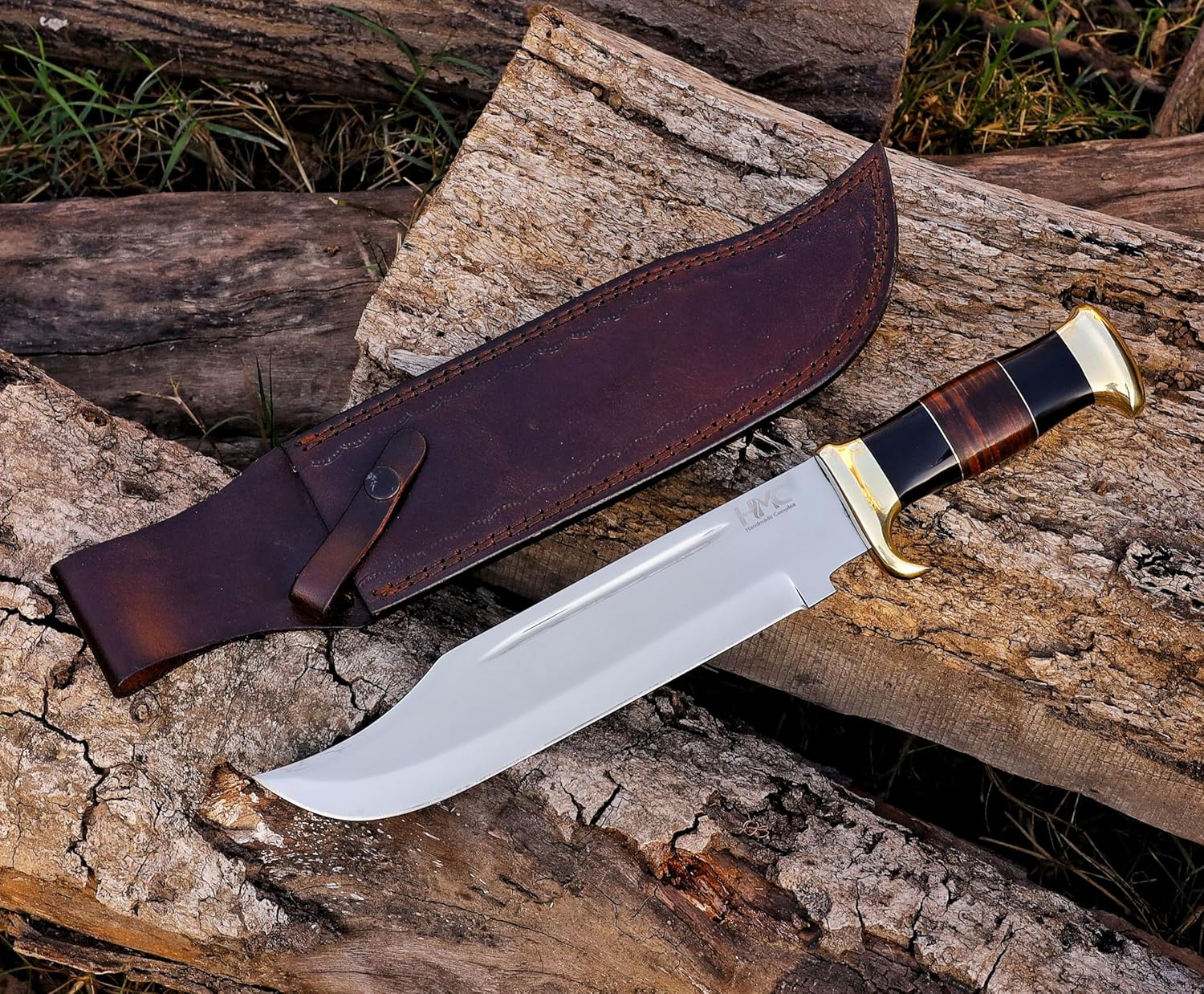 HMC – Cuchillo Bowie Dundee de cocodrilo grande hecho a mano de 15 pulgadas con funda de cuero, cuchillo Bowie de acero inoxidable D2 pulido espejo