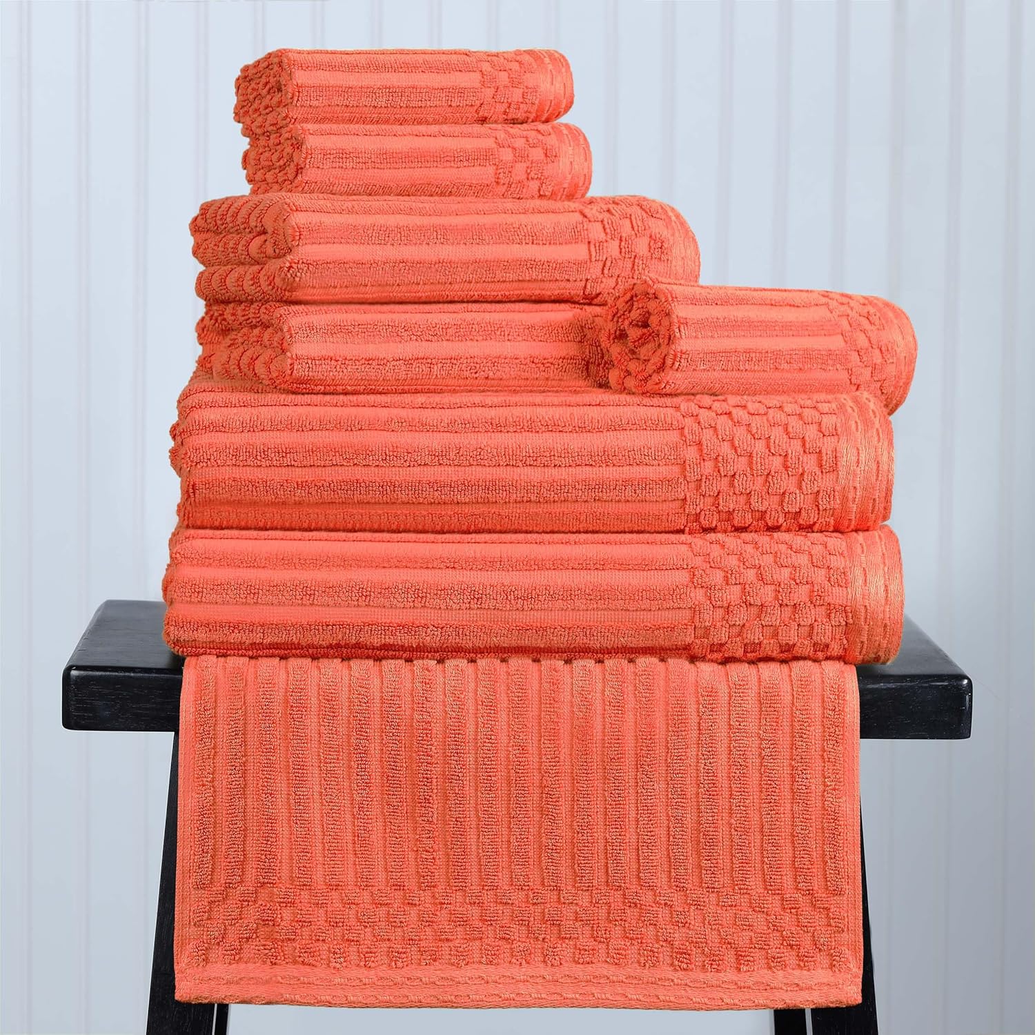 Juego de 8 toallas de algodón sólido y acanalado, toallas de cara de 13 x 13 pulgadas, toallas de mano de 16 x 28 pulgadas, toallas de baño de 27 x