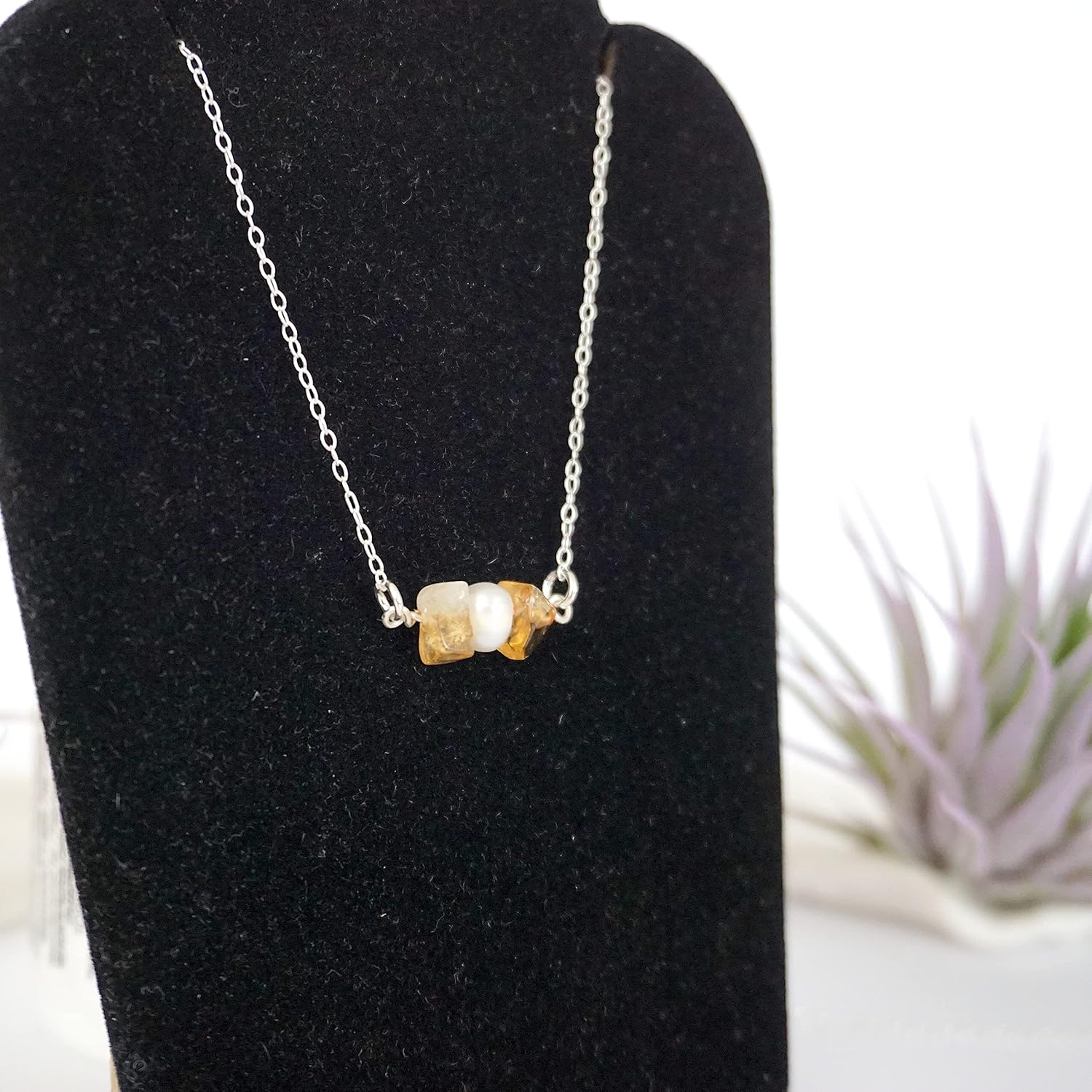 Designs by Nature Gems Handmade Womens Citrine & Pearl Charm Necklace 20-22 inch Adjustable Chain Sterling Silver, February & June Birthstone