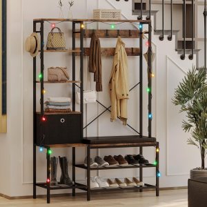 IRONCK Árbol de pasillo con luz, banco de zapatos de entrada, cesta de almacenamiento de tela, perchero, estantes reversibles de 5 niveles, ganchos IRONCK Árbol de pasillo con luz, banco de zapatos de entrada, cesta de almacenamiento de tela, perchero, estantes reversibles de 5 niveles, ganchos