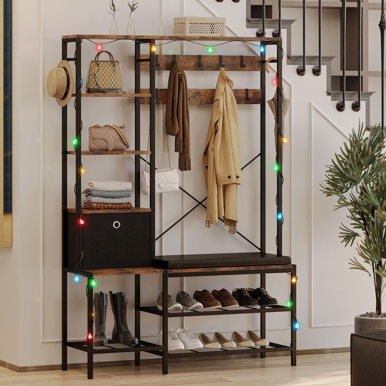 IRONCK Árbol de pasillo con luz, banco de zapatos de entrada, cesta de almacenamiento de tela, perchero, estantes reversibles de 5 niveles, ganchos