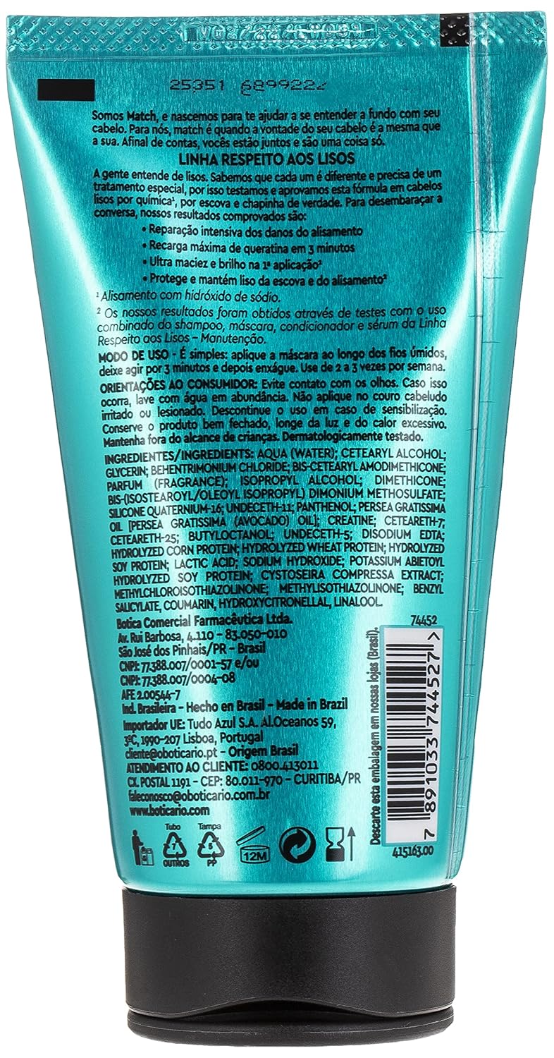 Boticario – Linha Match (Respeito aos Lisos) – Mascara Capilar 3 Minutos 150 Ml – Colección (Cabello Liso) – Máscara de pestañas 3 Minutos 5 Fl Oz