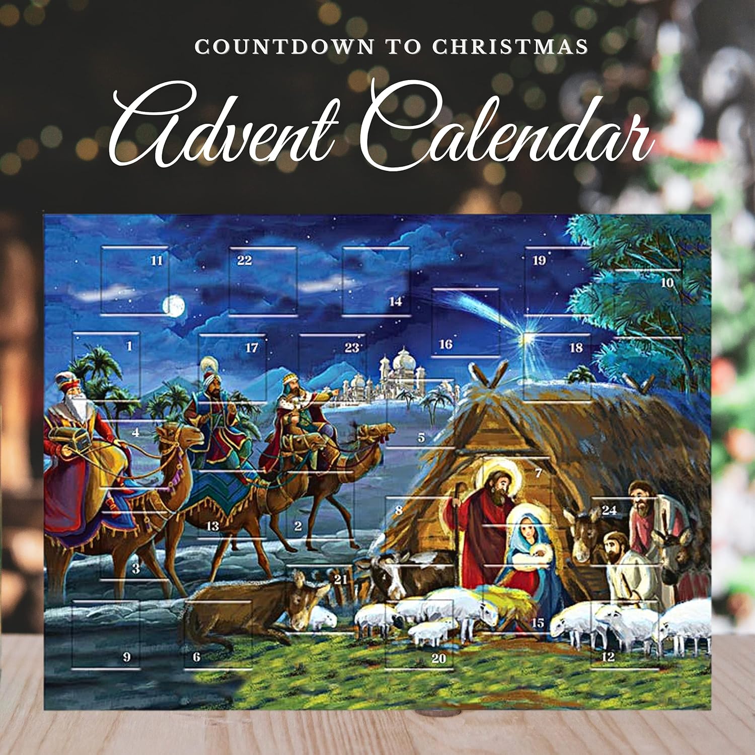 Calendario religioso de Adviento de cuenta regresiva para Navidad 2023, escena tradicional de pesebre a todo color, 24 pestañas de puerta, divertida