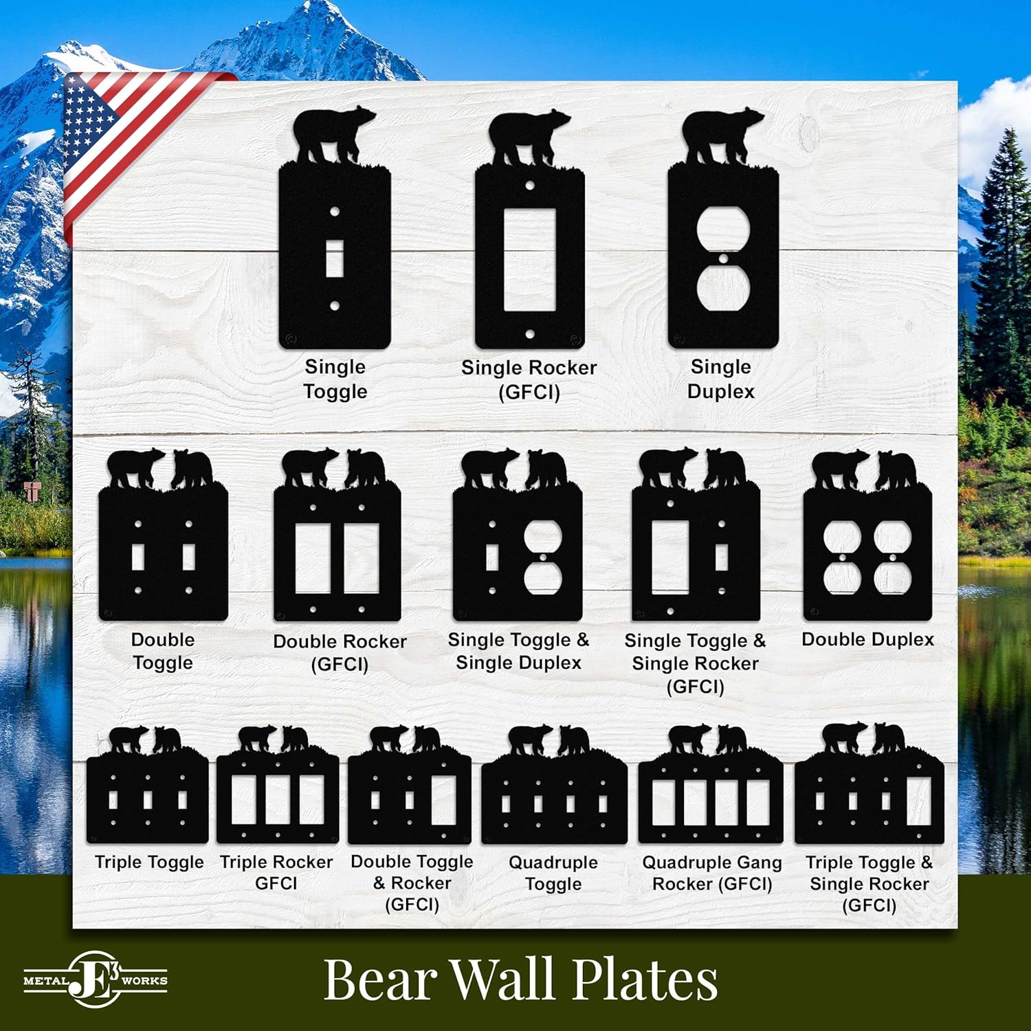 Bear – Placa de pared dúplex individual (potencia única, negra) – Fabricado en Estados Unidos