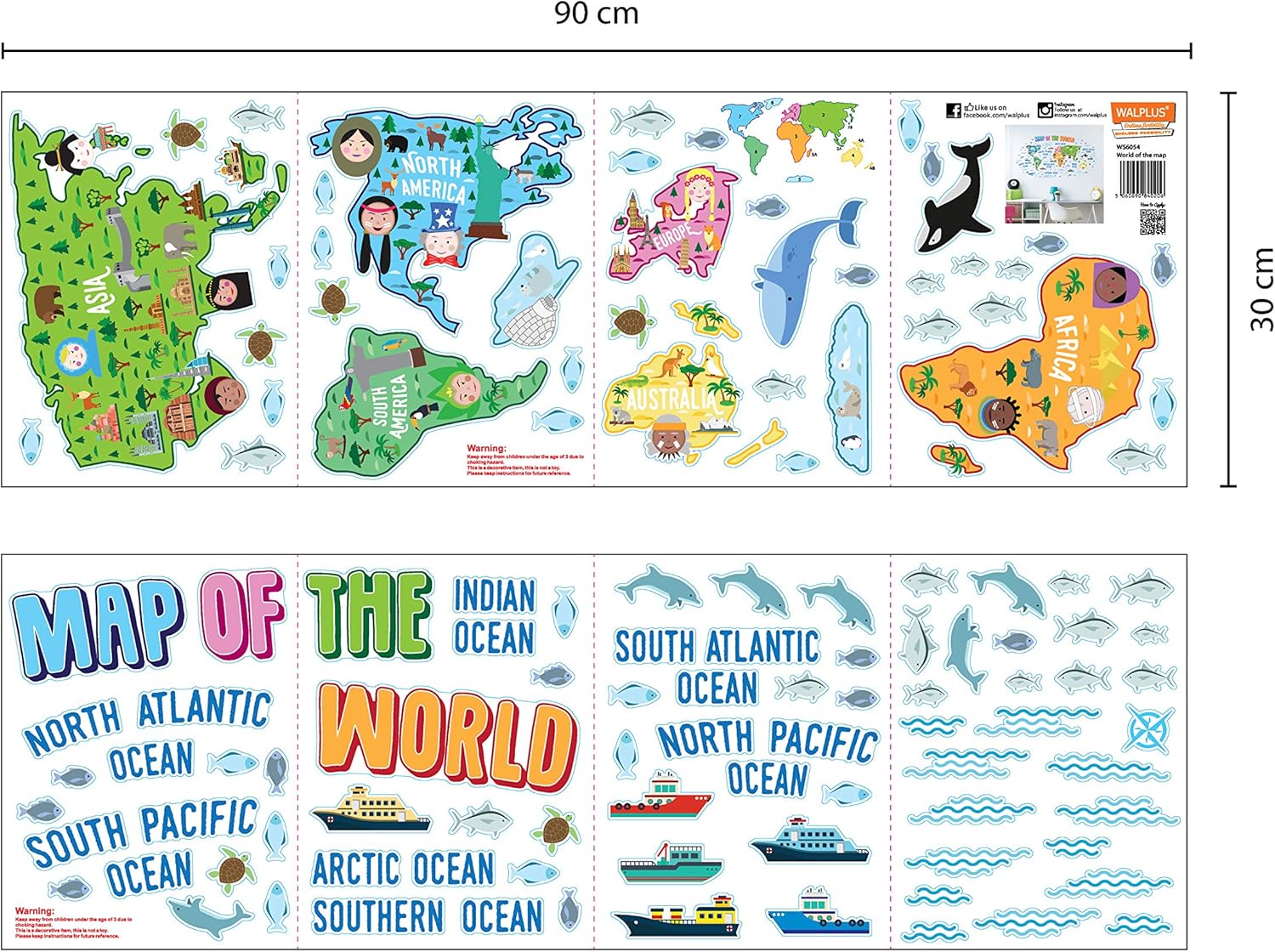 WALPLUS Pegatinas de pared de mapa del mundo, autoadhesivas, autoadhesivas, calcomanías de vinilo para bricolaje, guardería, habitación de niños,