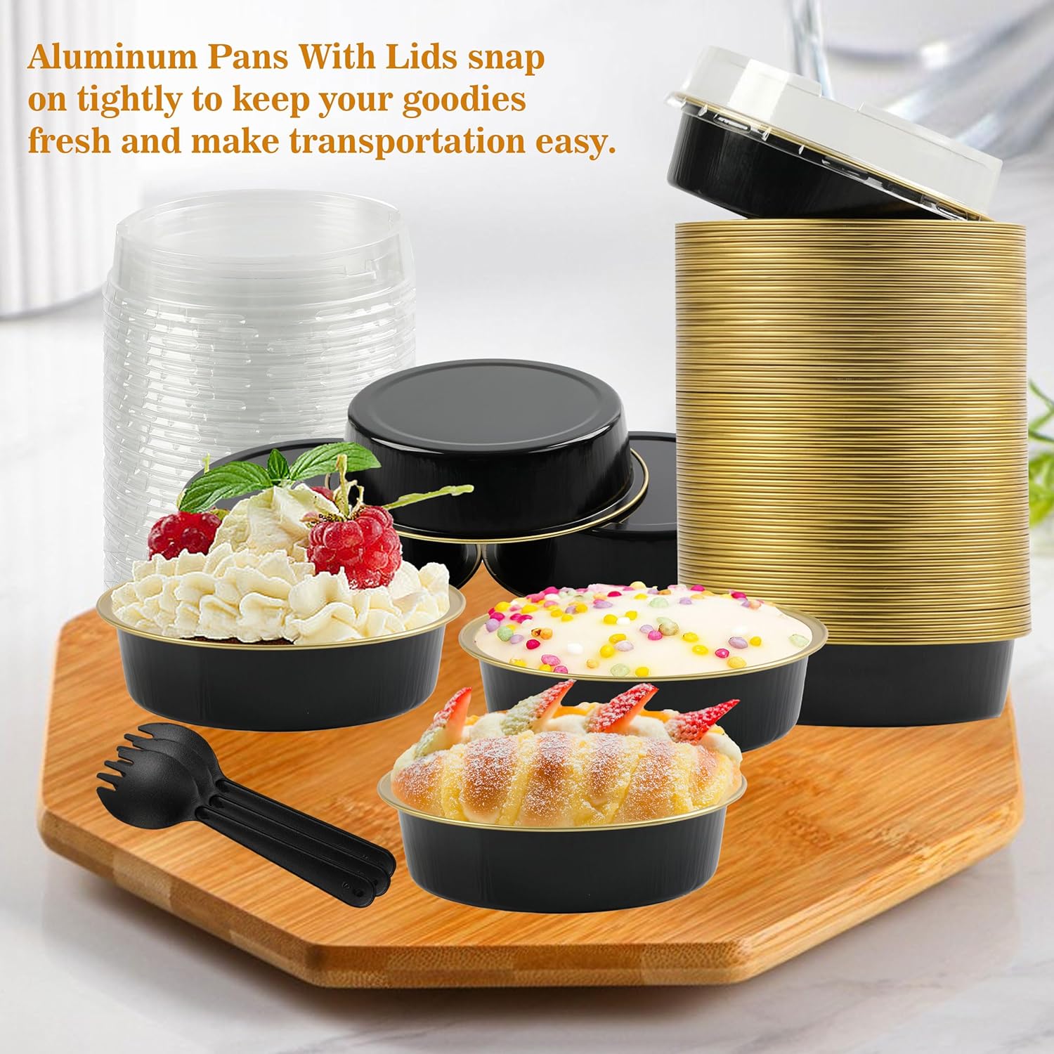 BAKINGPAK Mini moldes para pasteles con tapas, 50 unidades de papel de aluminio desechables de 7.2 onzas, moldes individuales para tartas de