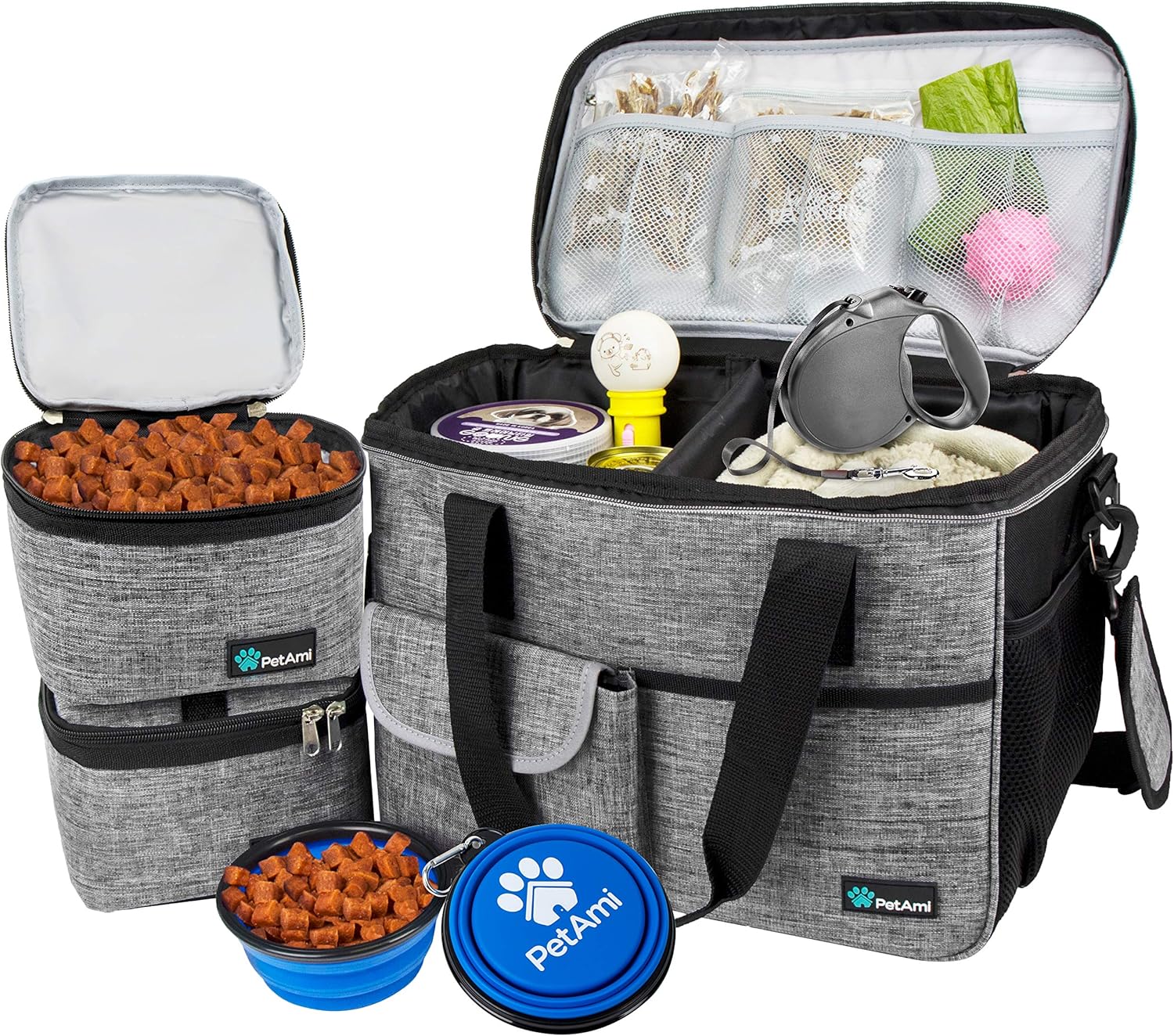 PetAmi Bolsa de viaje para perro, organizador de bolsa con bolsillos multifunción aprobado para aerolíneas, con bolsa contenedora de alimentos y