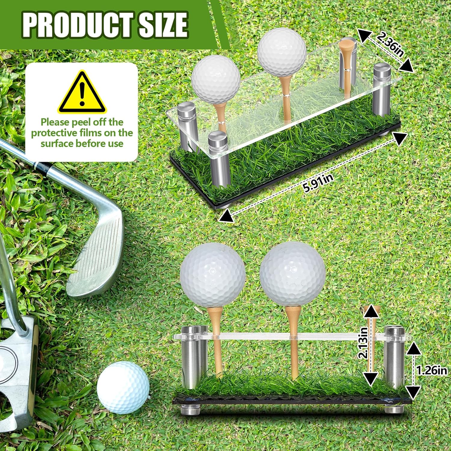 Menkxi Exhibición de pelotas de golf de acrílico y metal, soporte de exhibición de pelotas de golf con base negra y césped con capacidad para 3