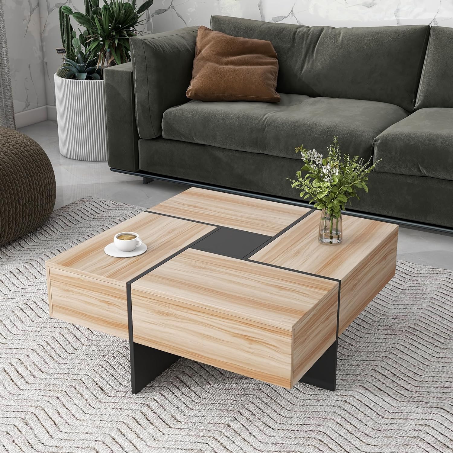 Merax Mesa auxiliar, moderna mesa de centro extensible con 4 compartimentos de almacenamiento ocultos, mesa de cóctel central cuadrada de alto