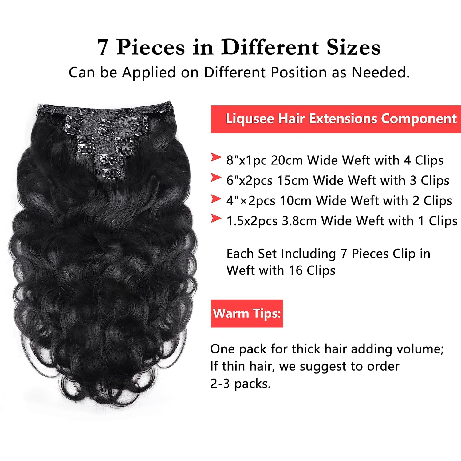Extensiones de cabello humano virgen 100% Remy, con pinzas, 16 clips, 3.53 onzas, extensiones de cabello humano ondulado de doble trama, invisibles