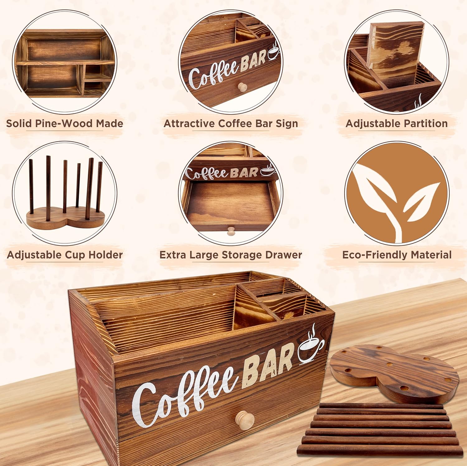 Organizador de estación de café para encimera, organizador de madera para barra de café, cesta de almacenamiento con cajón, organizador de
