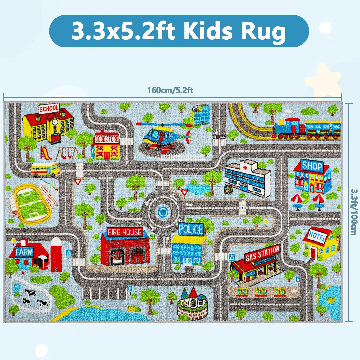 Capslpad Kids Rug Educational Play Rug 5.2’x3.3′ Traffic Road Kids Play Car Mat Large Learning Play Game Area Rug Kids Carpet for Playroom Living