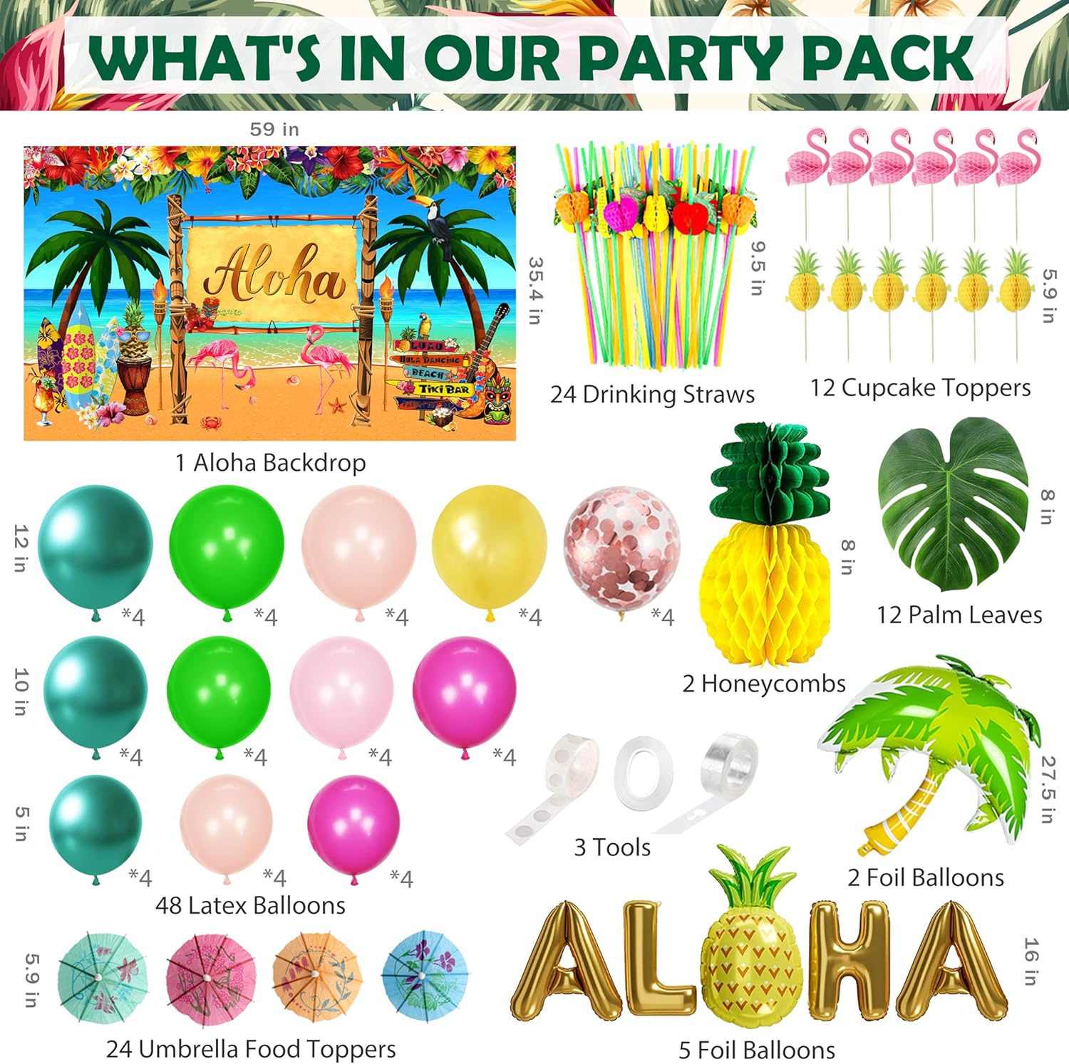 Luau – Decoraciones para fiesta de cumpleaños, 323 piezas, suministros de fiesta hawaiana tropical Aloha para verano, playa, vacaciones, juego de