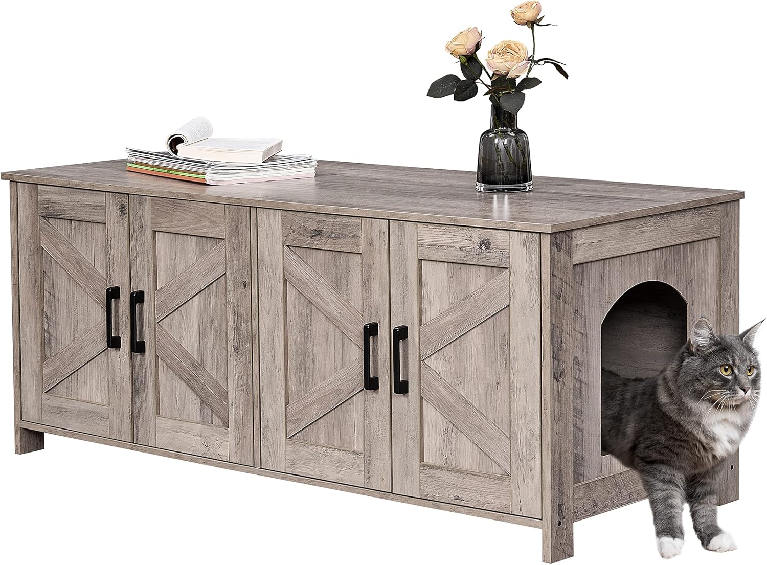 Caja de arena para gatos para 2 gatos, muebles ocultos con habitación doble, muebles de madera para baño, casa para gatos, 47.2 pulgadas de largo x