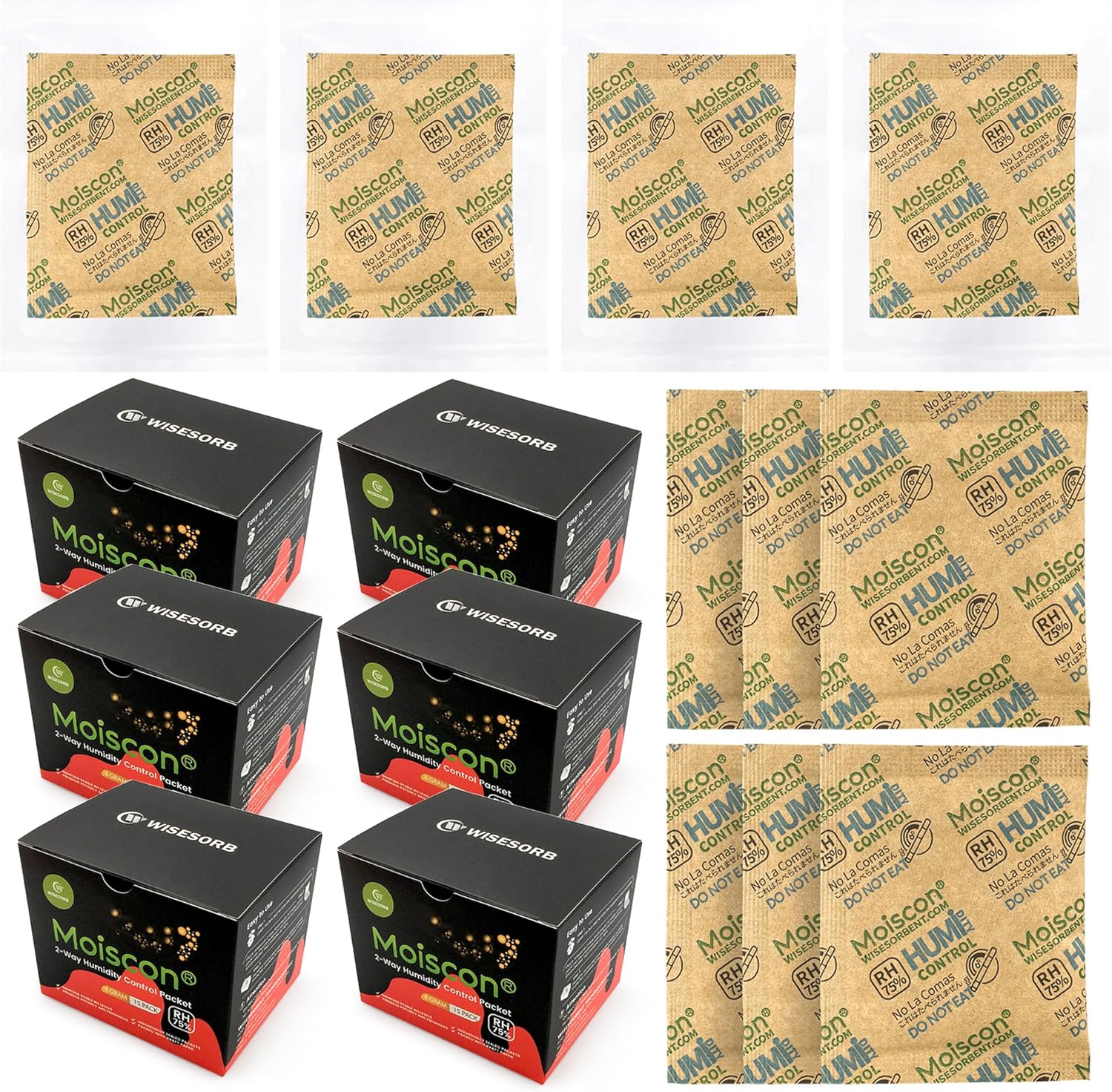 Wisesorb Paquete de 90 paquetes de control de humedad bidireccional para almacenar hasta 5 artículos, tamaño 8 paquetes de control de humedad