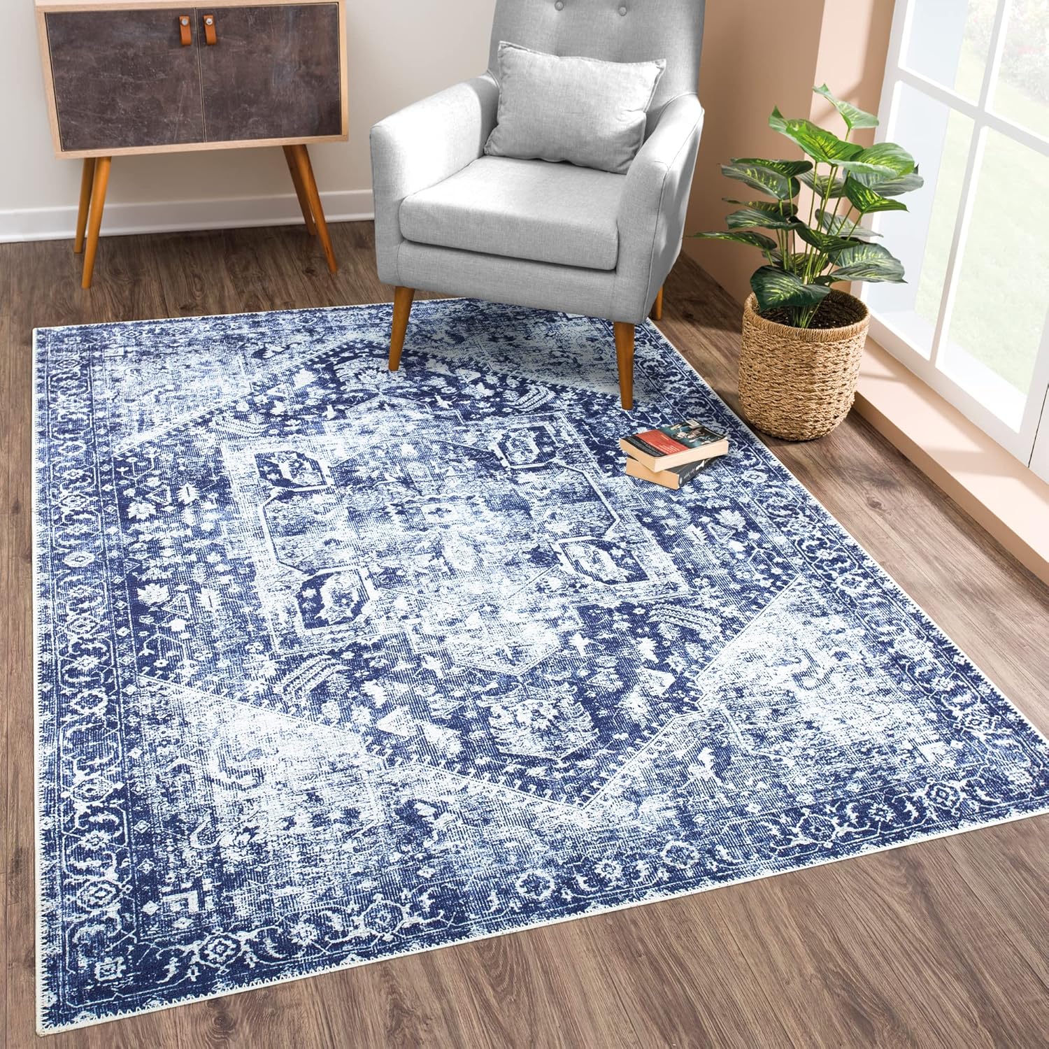 Bloom Rugs Alfombra tradicional lavable antideslizante de 9 x 12 pies, color azulmarfil, para sala de estar, dormitorio, comedor y cocina, tamaño