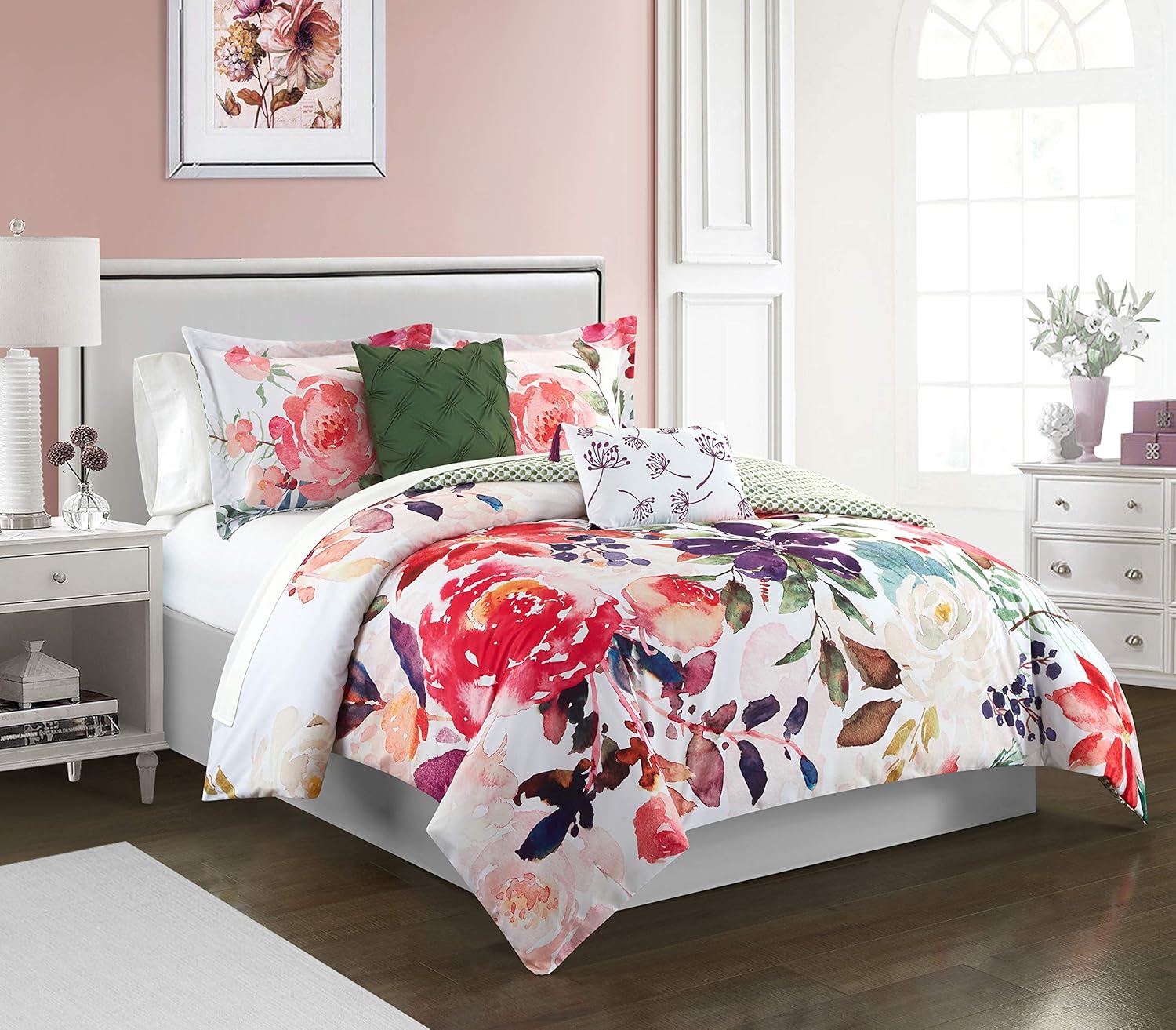 Chic Home Philia – Juego de edredón reversible de 4 piezas, diseño floral de acuarela, funda de almohada decorativa incluida, individual, multicolor