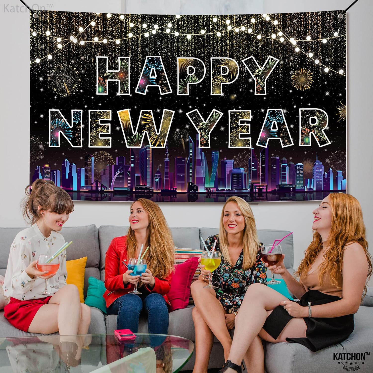 KatchOn, Cartel XtraLarge de feliz año nuevo  72 x 44 pulgadas  Decoraciones coloridas de feliz año nuevo 2024  Fondo de feliz año nuevo,
