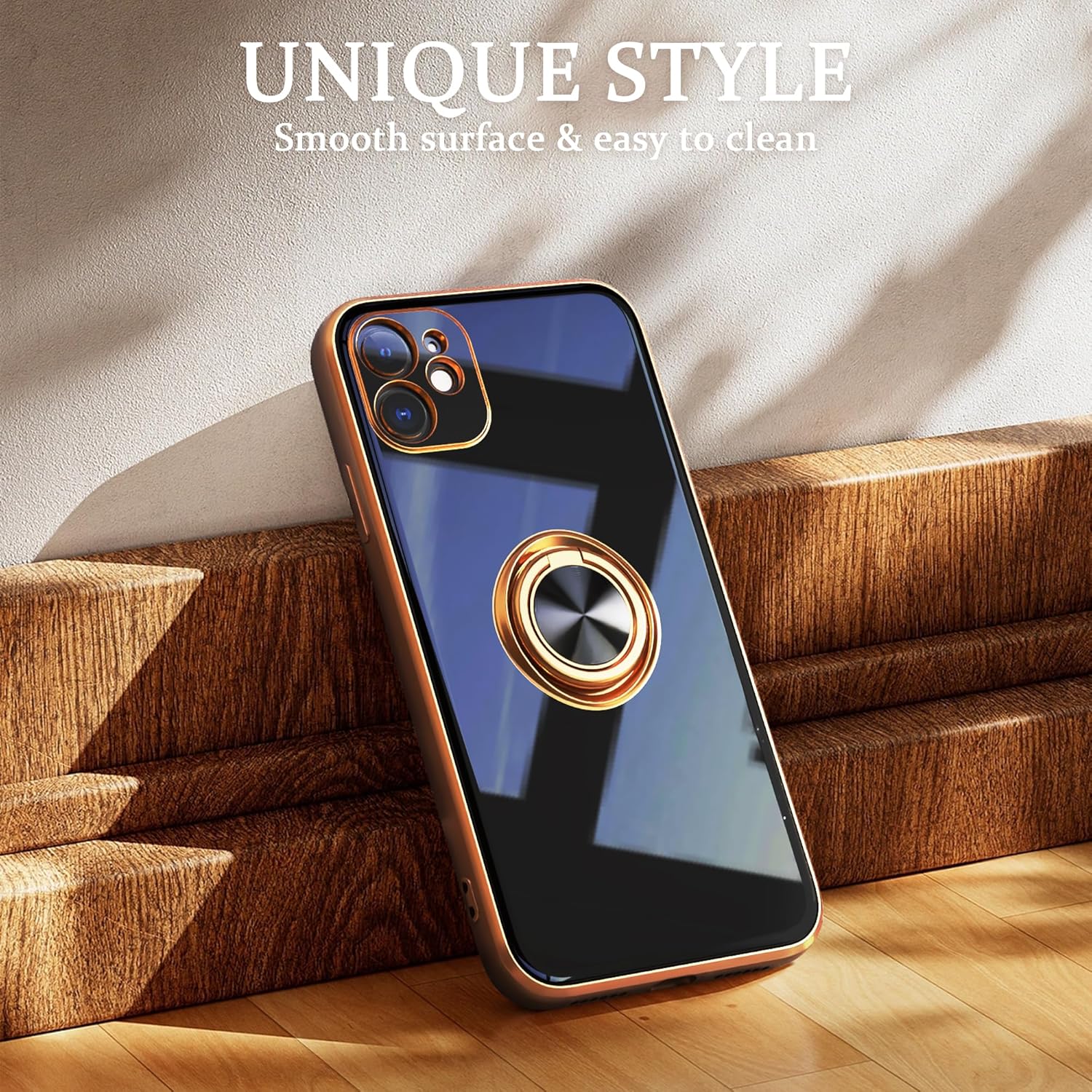IDweel Funda para iPhone 11 con soporte de anillo de 360 con soporte magnético, ligera, delgada, borde de oro rosa, TPU suave, protección de cámara,