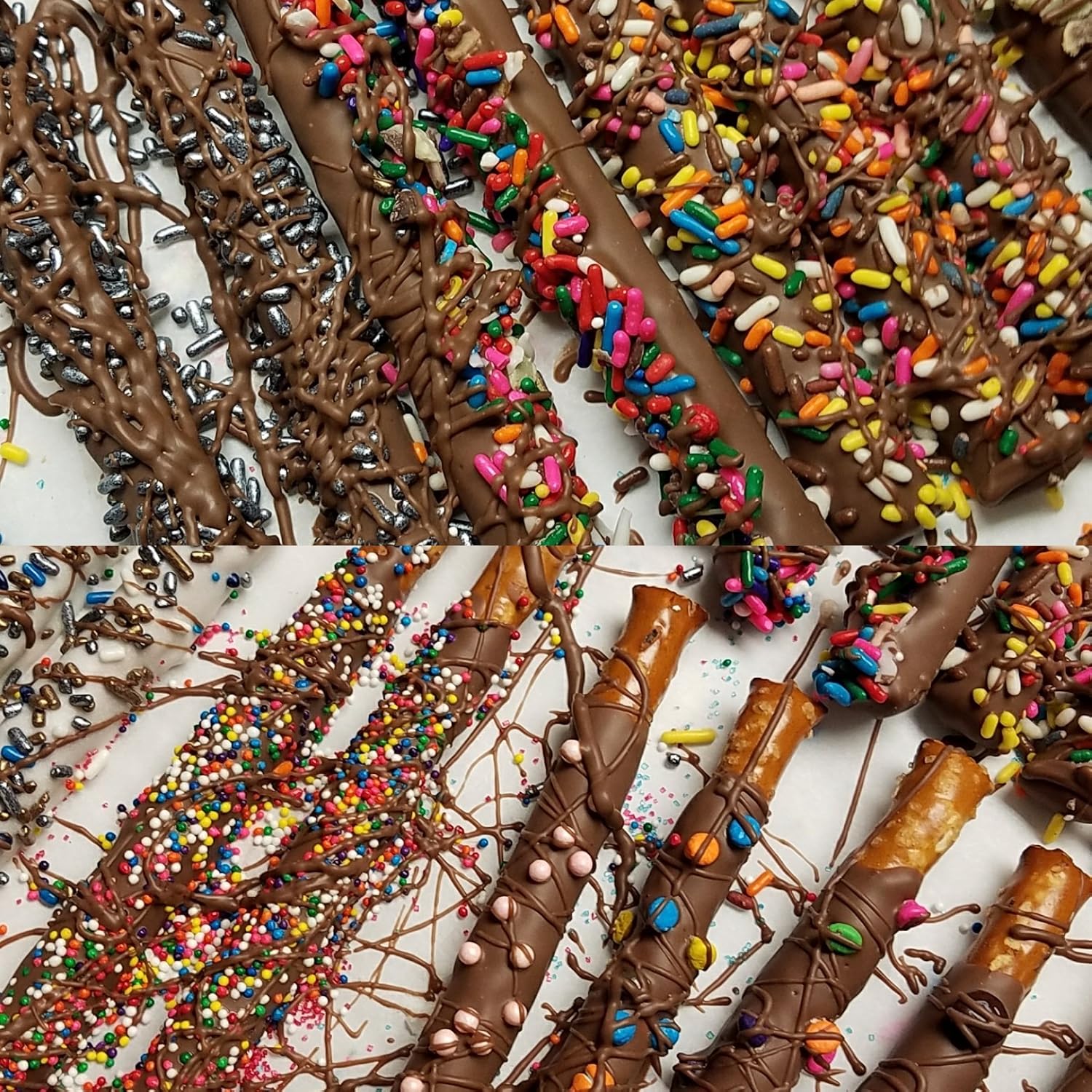 Cañas de pretzel cubiertas de chocolate y chocolate blanco con coberturas surtidas 16 piezas