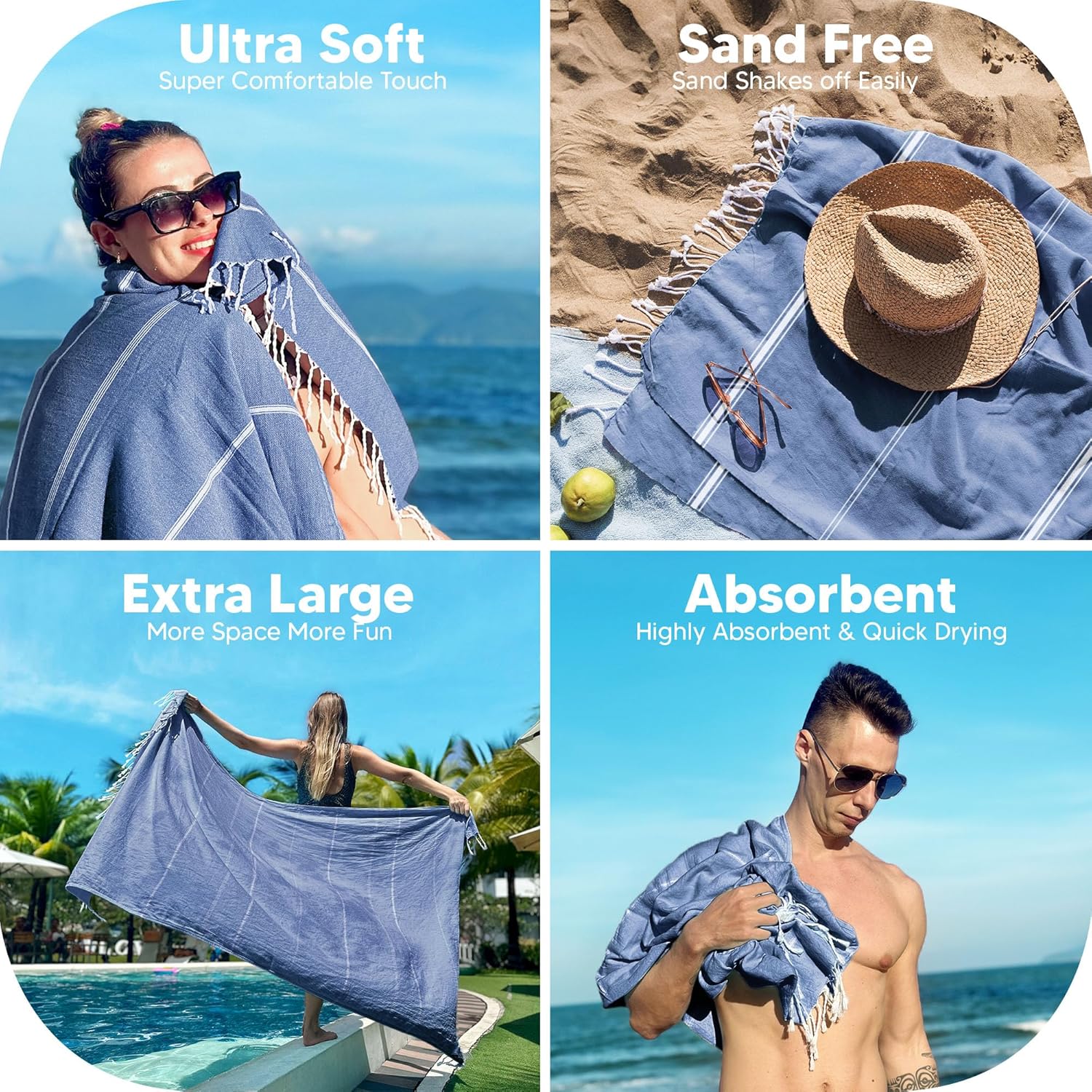 Utopia Towels Paquete de 2 toallas turcas de playa (40 x 72 pulgadas), de gran tamaño, 100% algodón, sin arena, ligeras, absorbentes, de secado