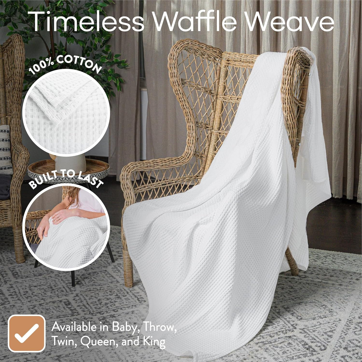 Comfy Cubs Manta 100% de algodón con tejido de gofre, transpirable, agradable al tacto, suave, ligera, perfecta y cálida, tamaño para sofá, cama y
