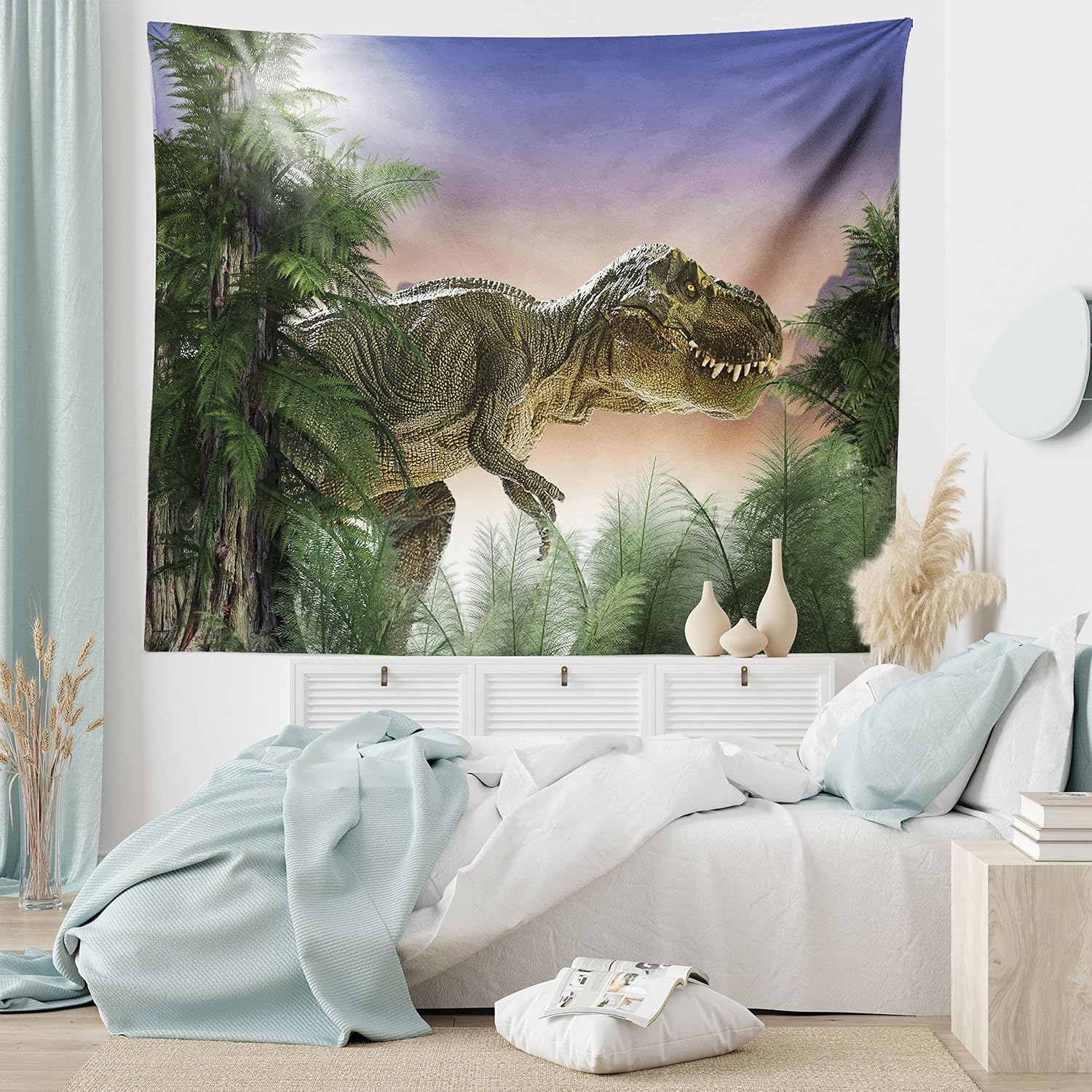 Ambesonne Tapiz jurásico, dinosaurio en la selva, bosque, naturaleza, bosque, violencia depredadora aterradora, colgante de pared ancho para