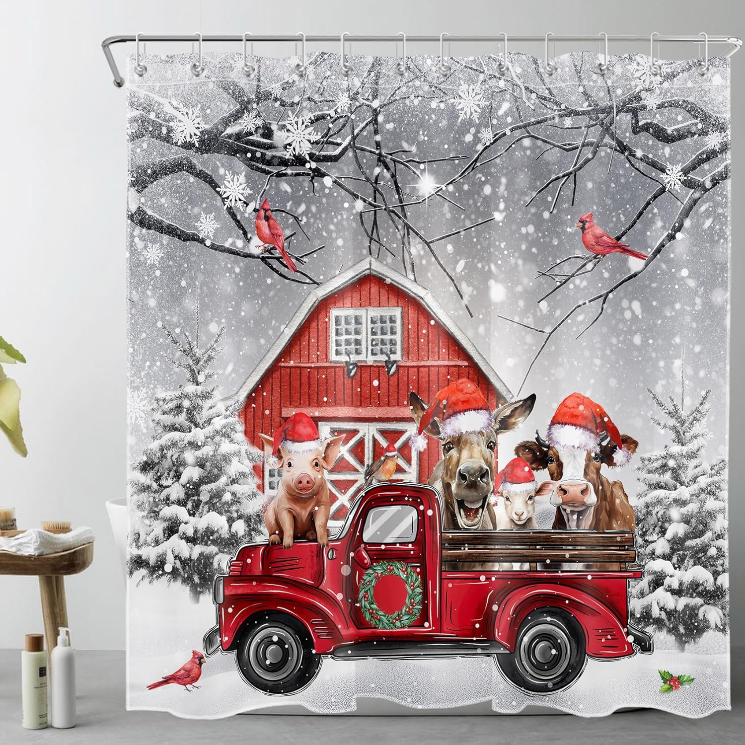 HVEST Cortina de ducha de Navidad para baño, divertida cortina de ducha con ganchos, juego de cortina de ducha de invierno con bosque nevado gris,