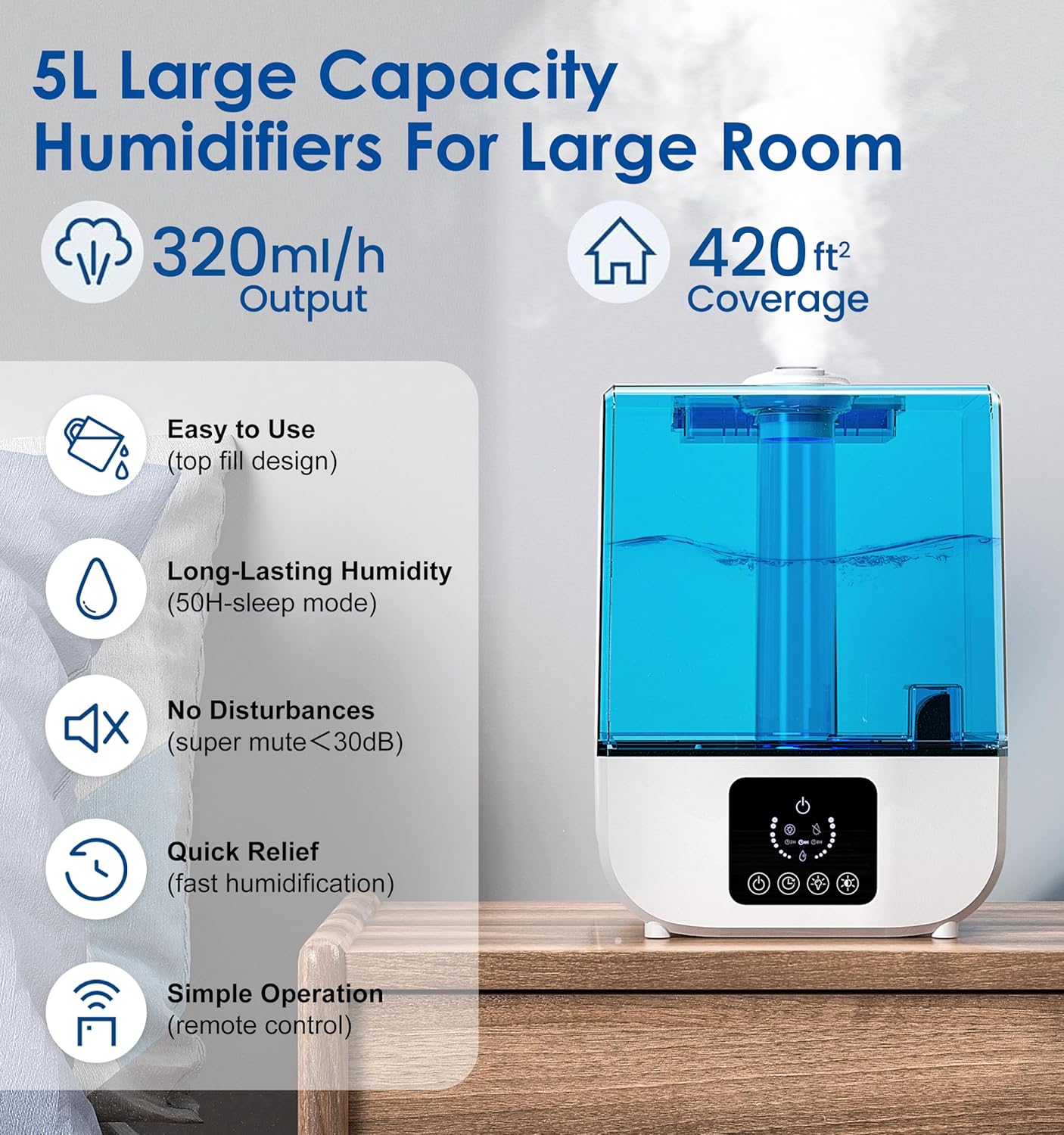 Humidificadores para dormitorio, humidificadores de niebla fría para plantas de bebé de habitación grande, mini humidificador pequeño 5L aceite