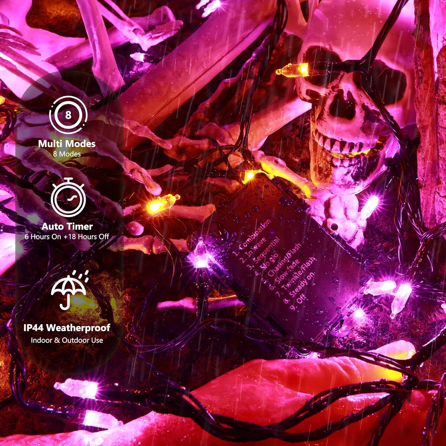 BrizLabs Luces de Halloween naranjas y moradas, 33 pies, 100 luces LED de Halloween, 8 modos de luces naranja y morado con temporizador, mini cadena