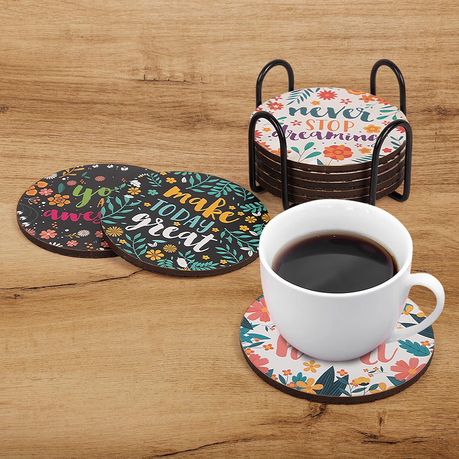 Good vibes – Juego de 8 posavasos para bebidas, base de corcho absorbente para protección de mesa, hecho de madera de ingeniería, ideal para
