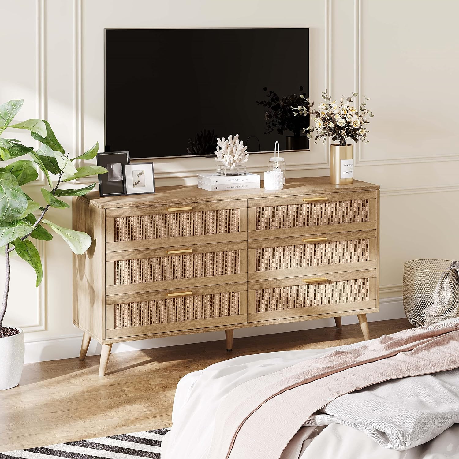Rovaurx Cómoda doble de 6 cajones para dormitorio, cómoda de ratán, cómoda de madera moderna con asas doradas, mesa auxiliar para armario, sala de