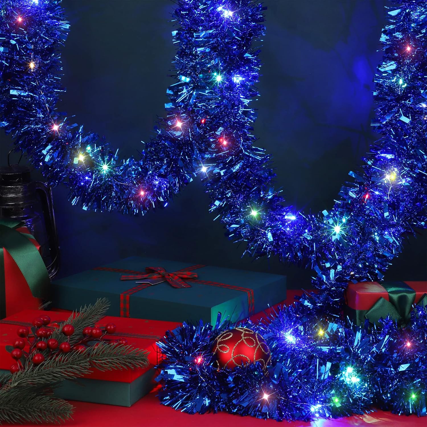 Fovths Guirnalda de oropel de Navidad de 39.4 pies con 120 luces LED, guirnalda de oropel colgante para decoración de árbol de Navidad, azul rey