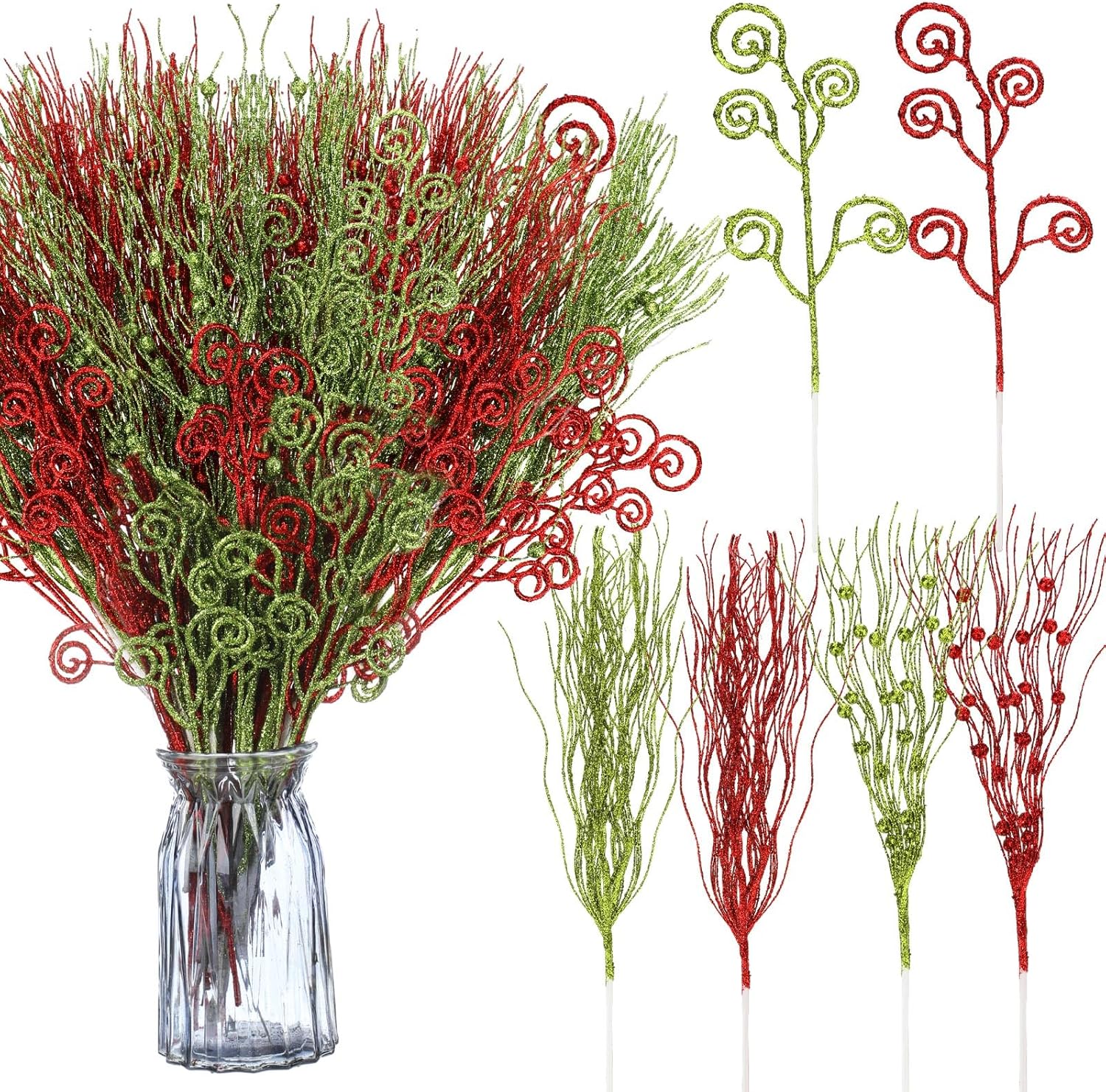 48 piezas de tallos de bayas rizadas de Navidad de 17 pulgadas y 12 pulgadas con purpurina artificial roja y verde de 17 pulgadas, ramas decorativas